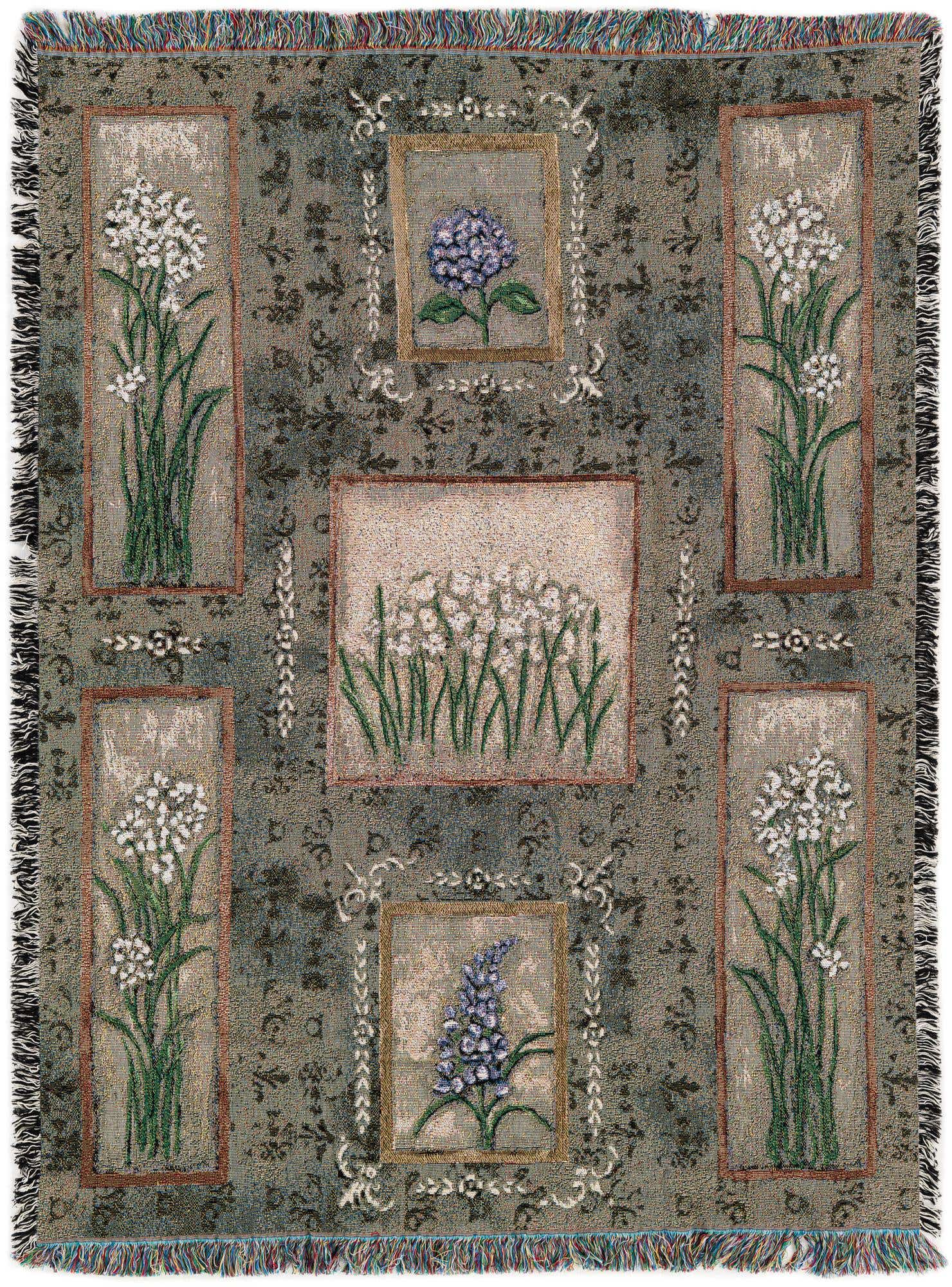 A 4x6 multi-colored rectangular throw blanket with a modern floral pattern, featuring white and purple flowers in framed sections.