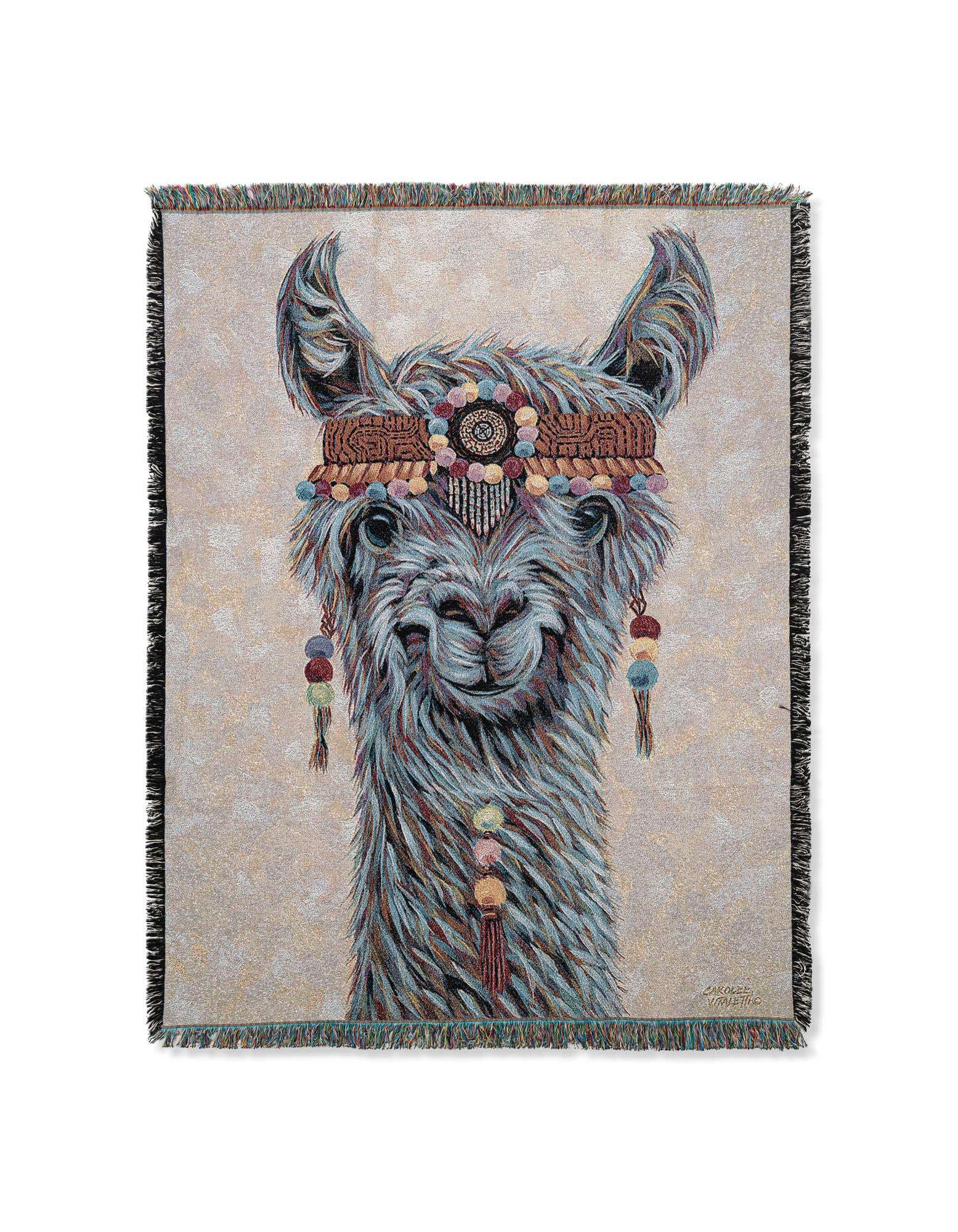 A rectangular 4x6 multi-colored rug featuring a modern art style llama wearing decorative headwear, with fringe edges.