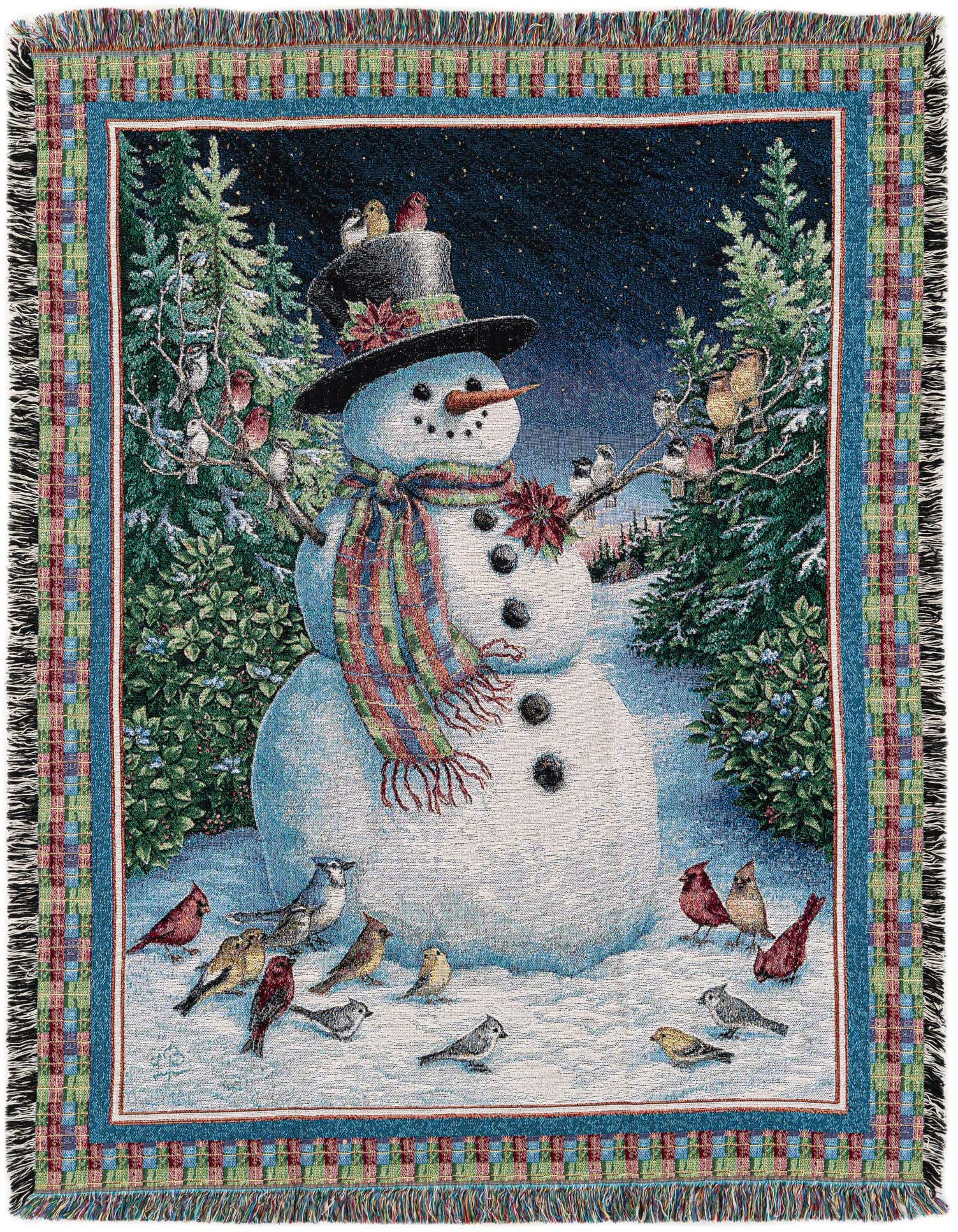 A festive 4x6 rectangular rug featuring a snowman wearing a top hat and striped scarf, surrounded by colorful birds in a snowy forest scene with a starry night sky.