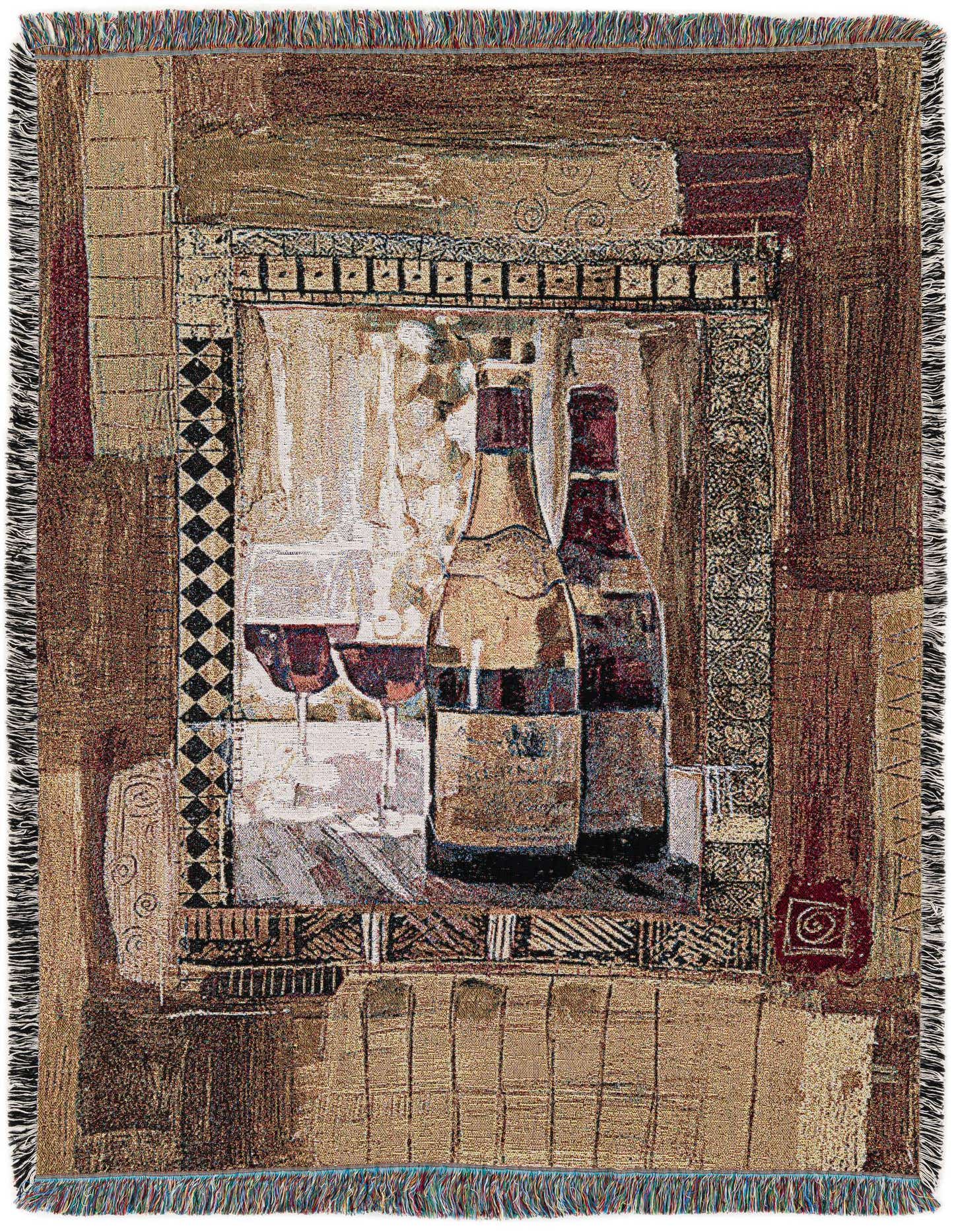 A rectangular 4x6 multi-colored throw blanket featuring a modern art design of wine bottles and glasses, framed by decorative borders.