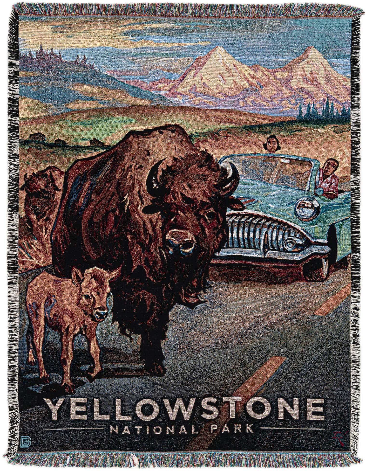 A multi-colored 4x6 rectangular throw blanket featuring a modern Yellowstone National Park design with bison and a vintage car.