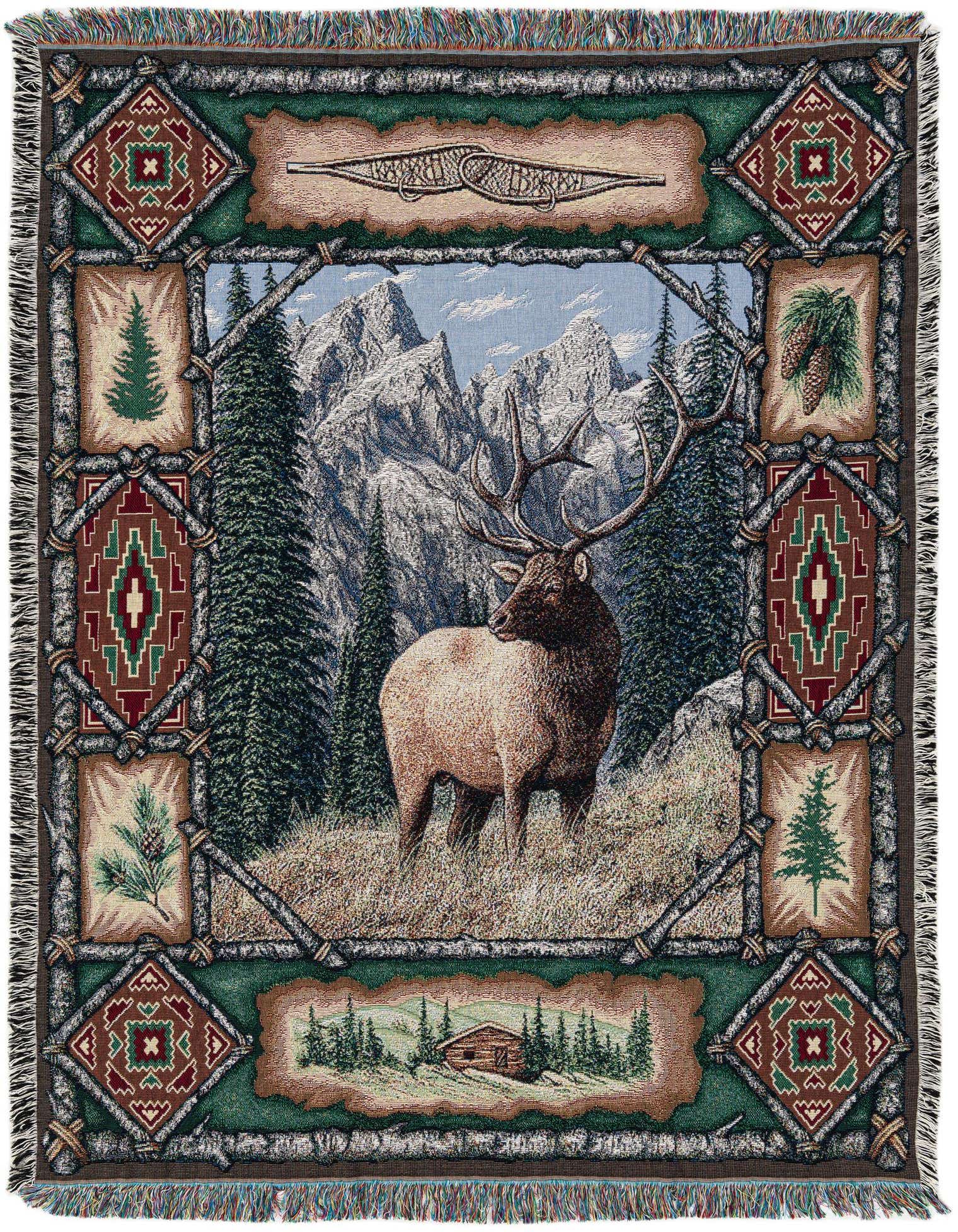 A rectangular 4x6 multi-colored cotton rug featuring a central medallion with an elk in a mountain forest, surrounded by rustic borders and nature-themed squares.