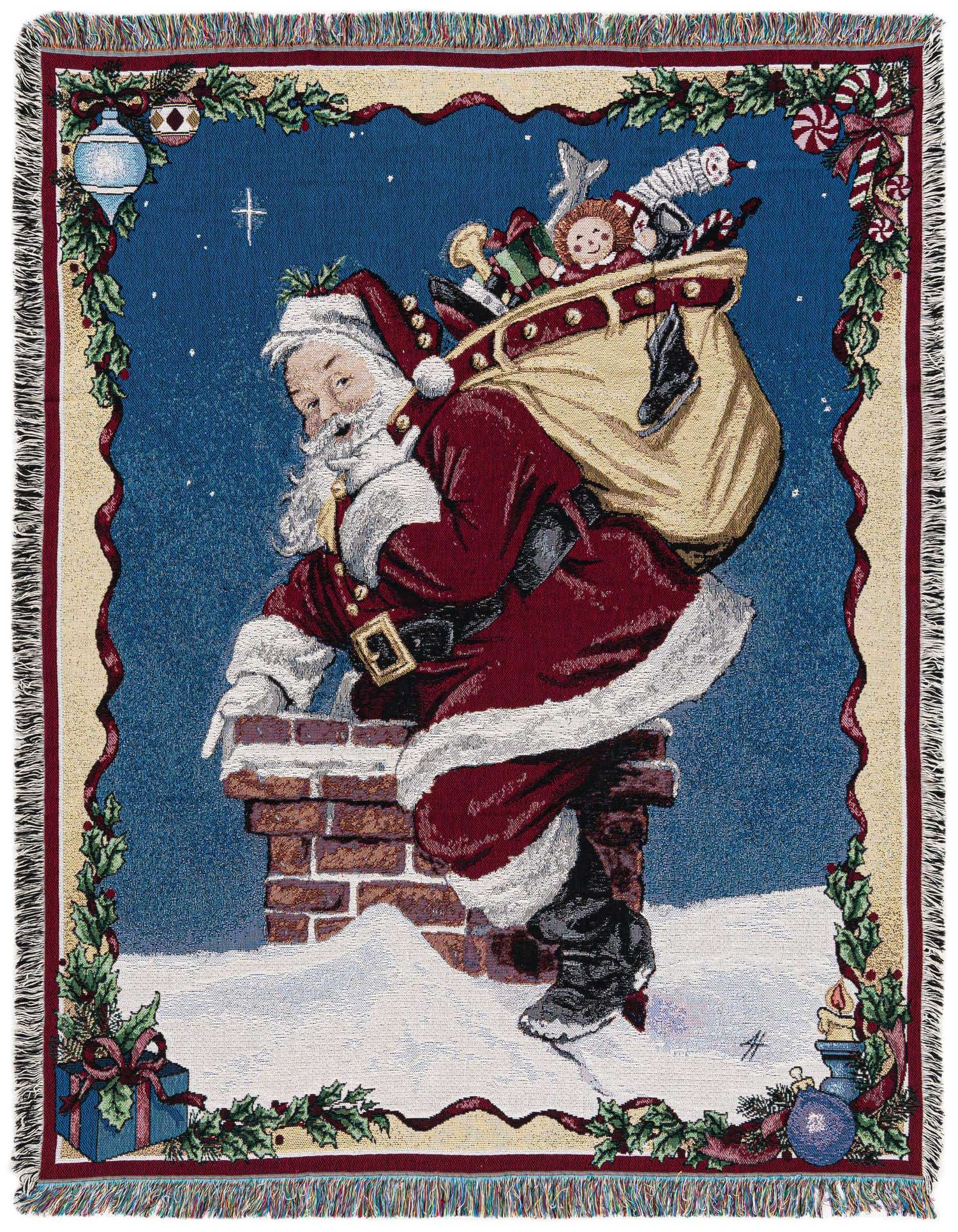 A festive tapestry throw blanket featuring Santa Claus climbing down a brick chimney with a sack full of toys, surrounded by a holly and ribbon border.