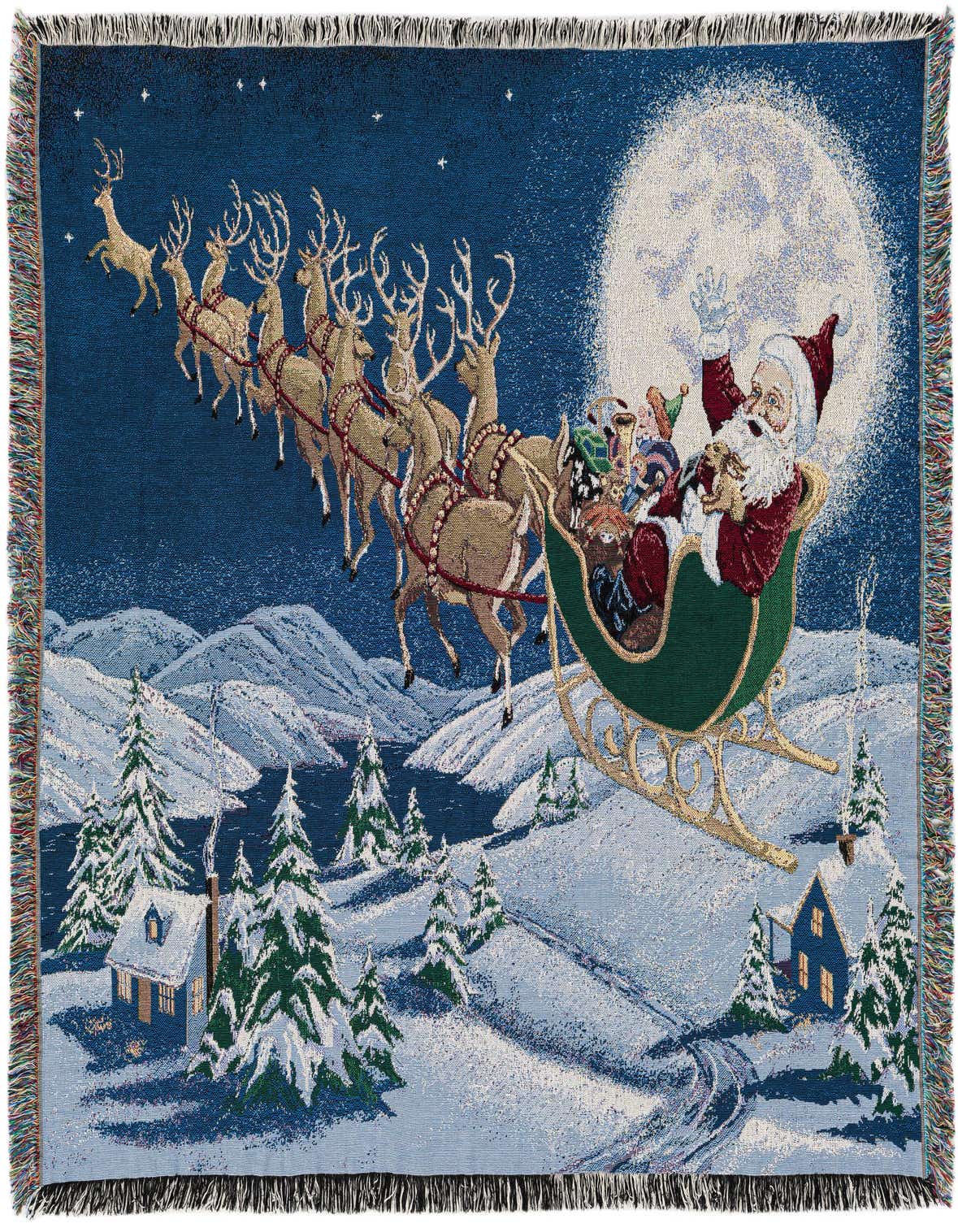 A festive 4x6 rectangular throw blanket featuring Santa Claus in his sleigh pulled by reindeer against a full moon and snowy village.