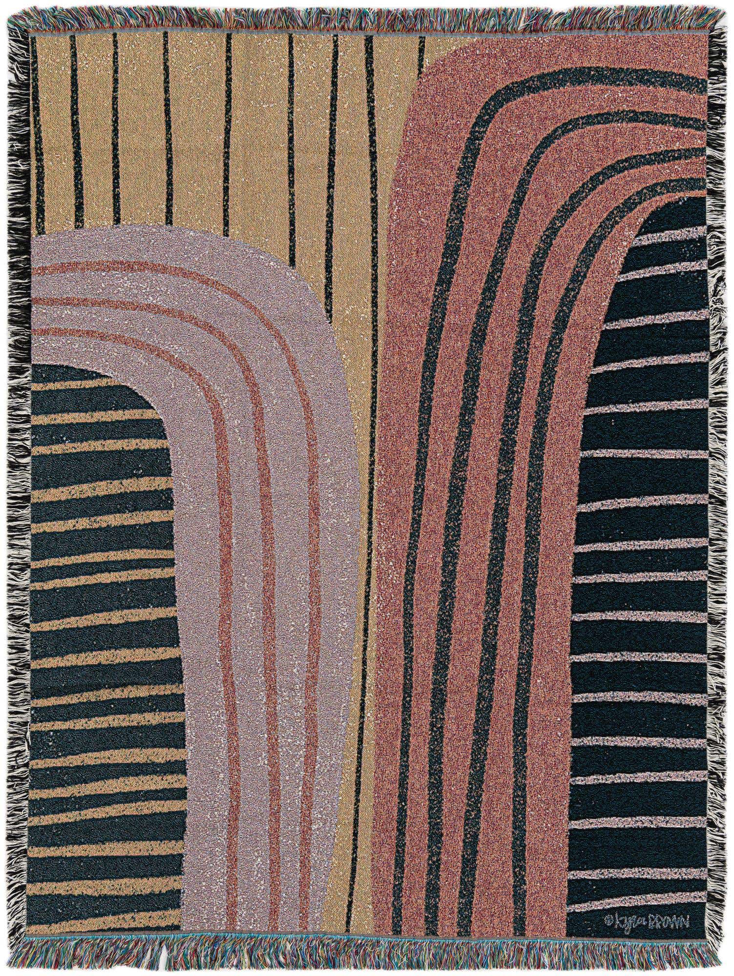 A 4x6 rectangular abstract rug featuring a multi-colored design with curved and straight lines in black, brown, and pink hues, with fringed edges.