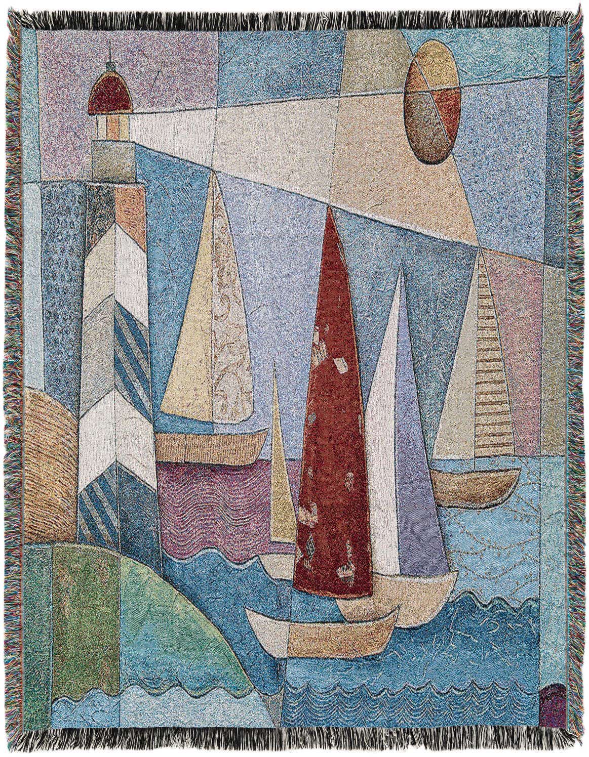 A rectangular 4x6 multi-colored modern cotton throw blanket featuring a lighthouse, sailboats, and sun in an abstract, geometric style.