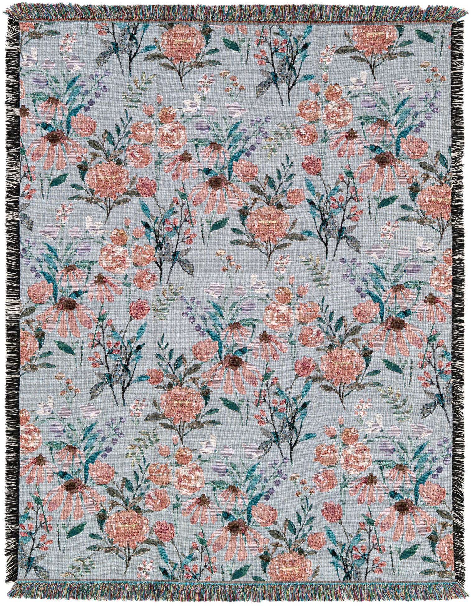 A 4x6 rectangular throw blanket with a modern floral pattern in various shades of pink, green, and blue on a light blue background, with fringed edges.