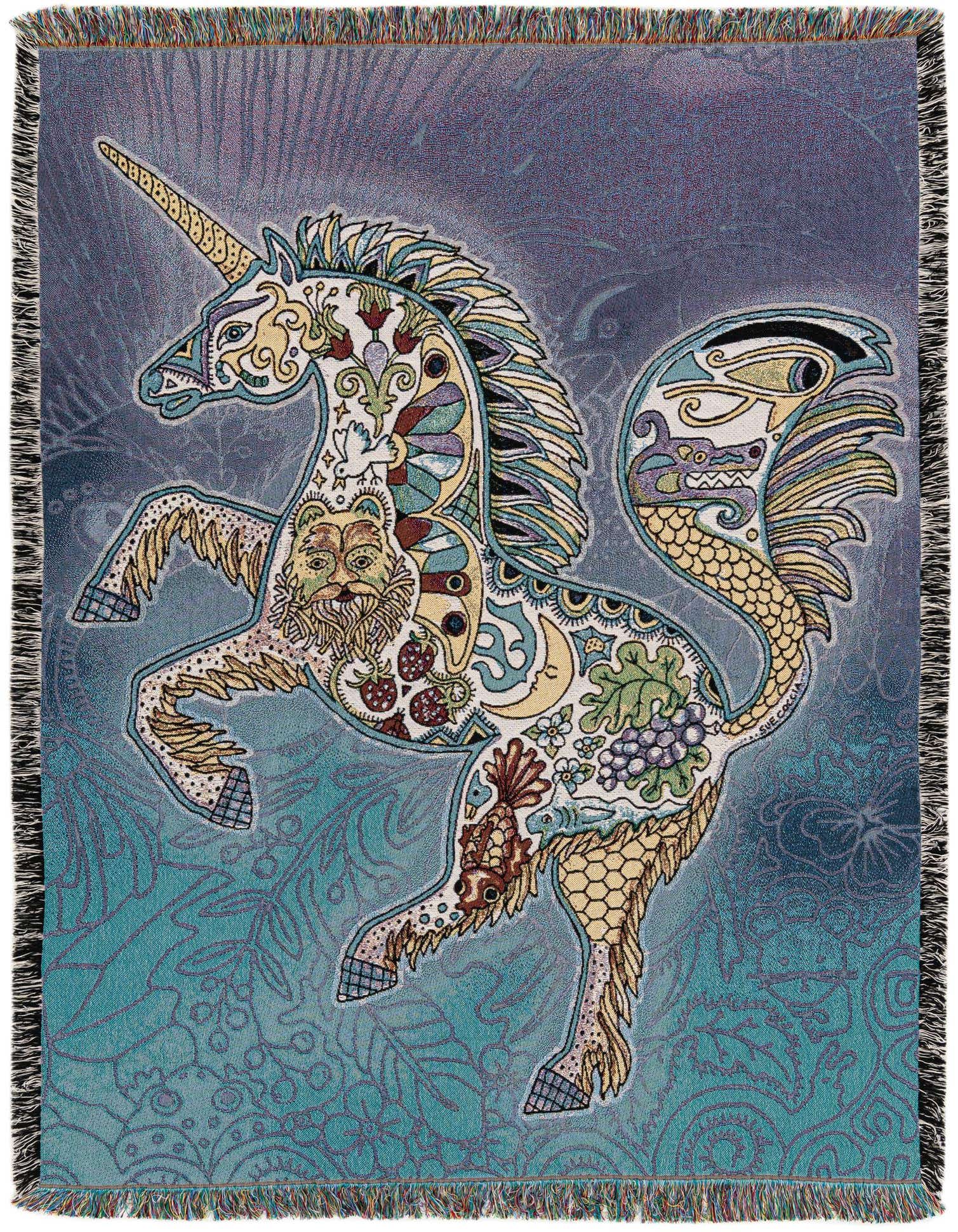 A vibrant 4x6 multi-colored modern cotton throw blanket featuring an ornate unicorn design with intricate patterns and symbols, set against a teal and purple background with fringe edges.