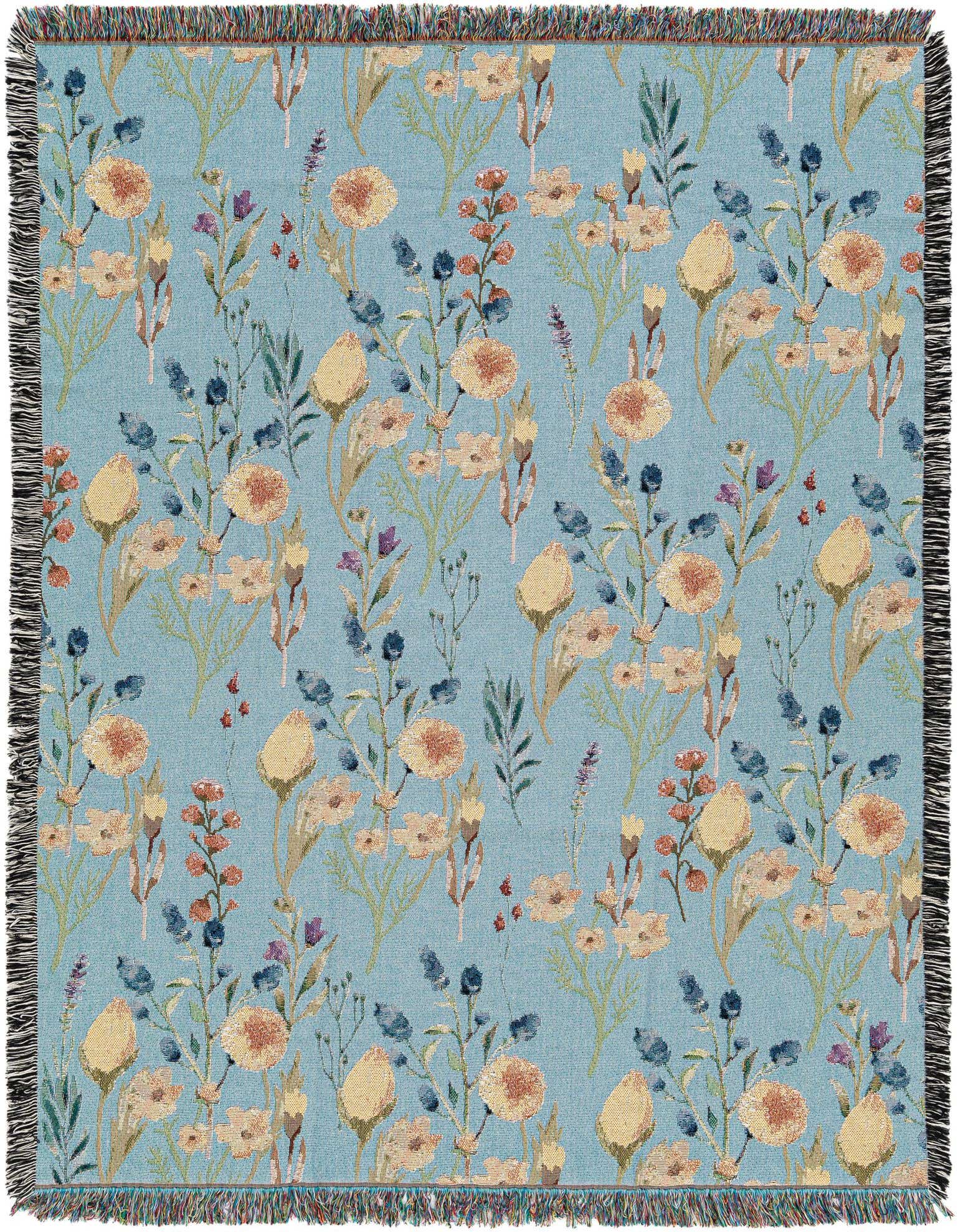 A 4x6 rectangular multi-colored modern rug featuring a vibrant floral pattern with yellow, blue, and green botanical elements on a light blue background, with fringed edges.