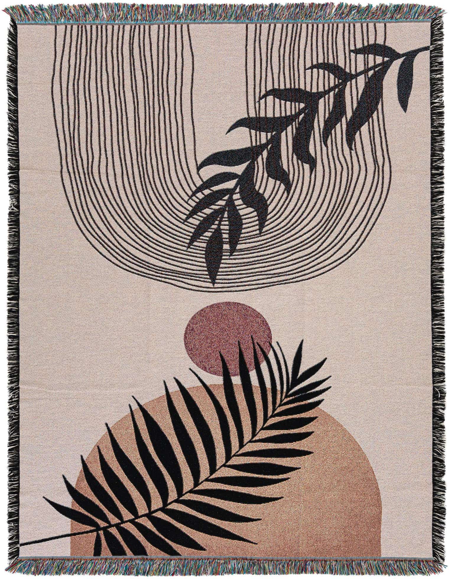 A 4x6 rectangular multi-colored cotton throw blanket featuring a modern abstract design with black leaves, arcs, and terracotta shapes on a light background, with fringed edges.
