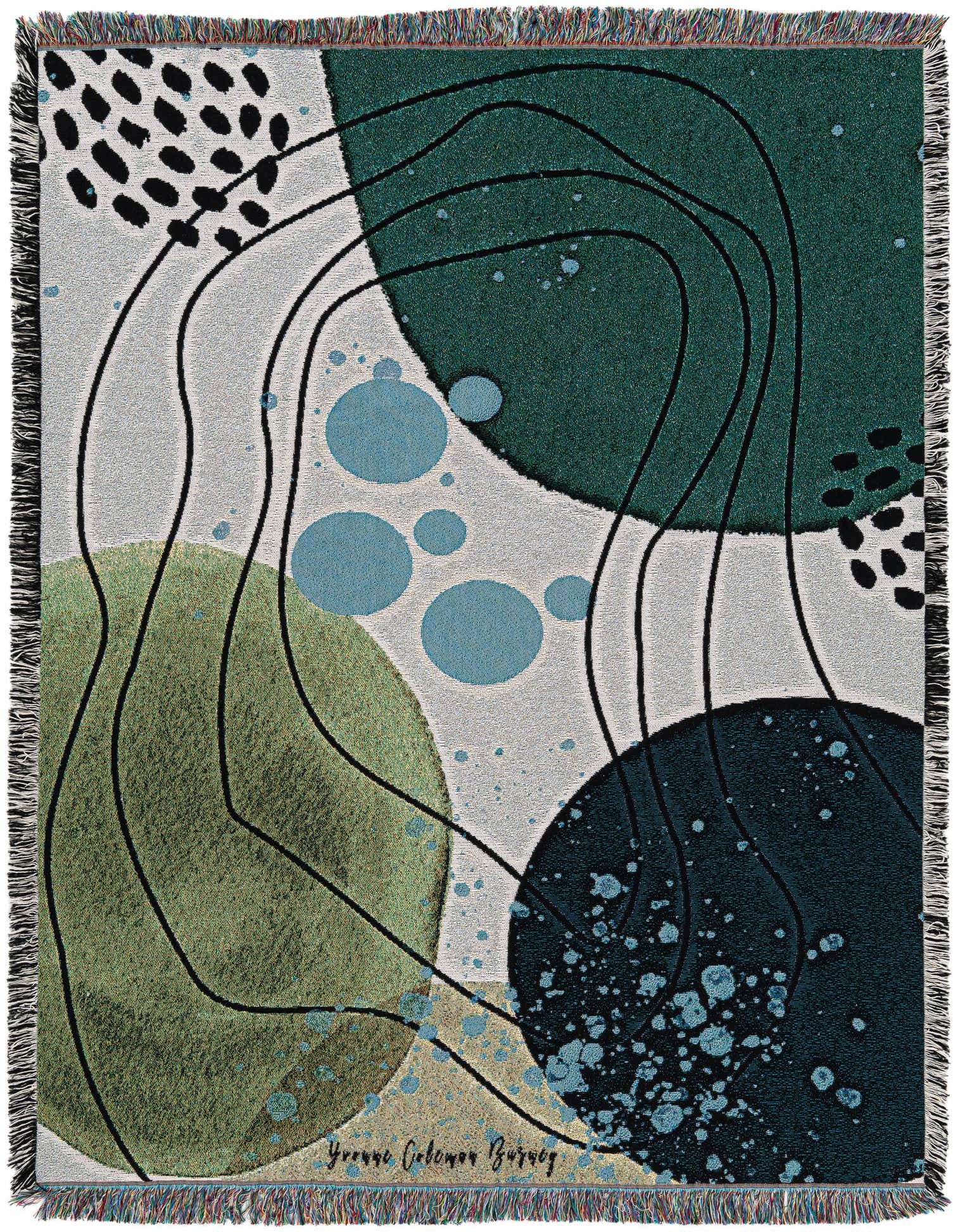 A 4x6 rectangular modern rug with an abstract pattern of green, teal, and black shapes on a light background, featuring black lines and speckles.