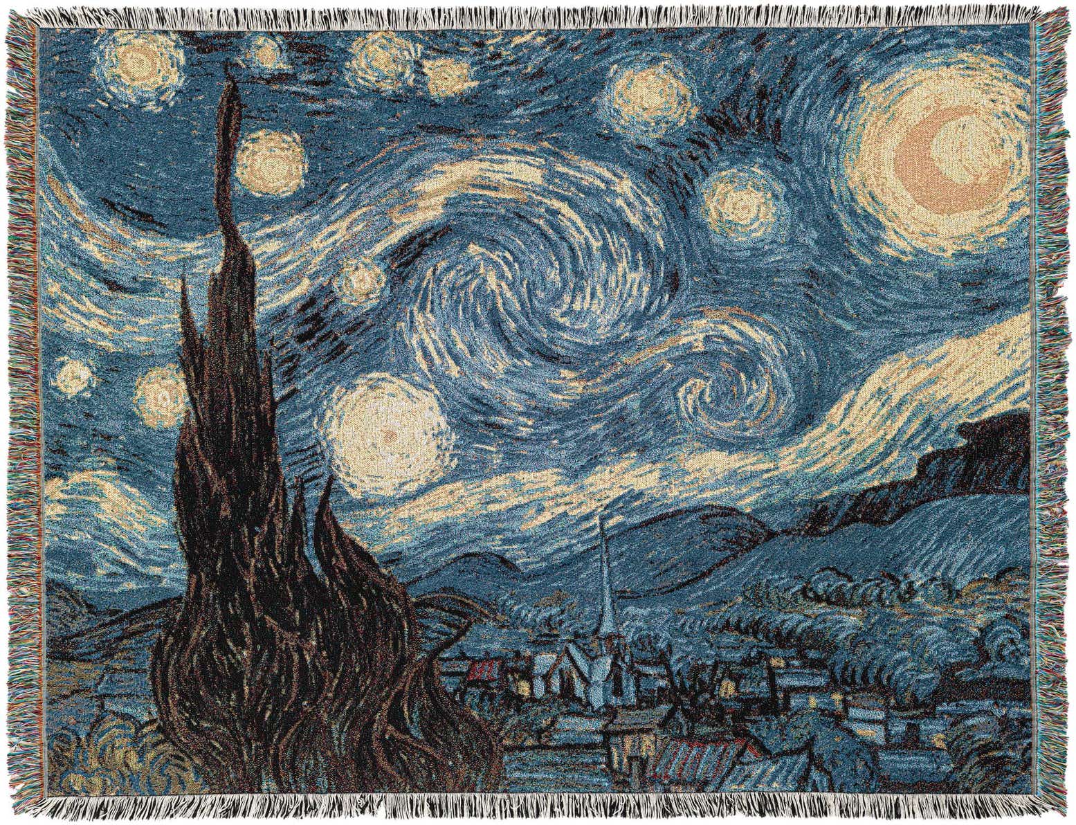 A rectangular 4x6 throw blanket featuring Van Gogh's 'The Starry Night' in multi-colored cotton, with fringe.
