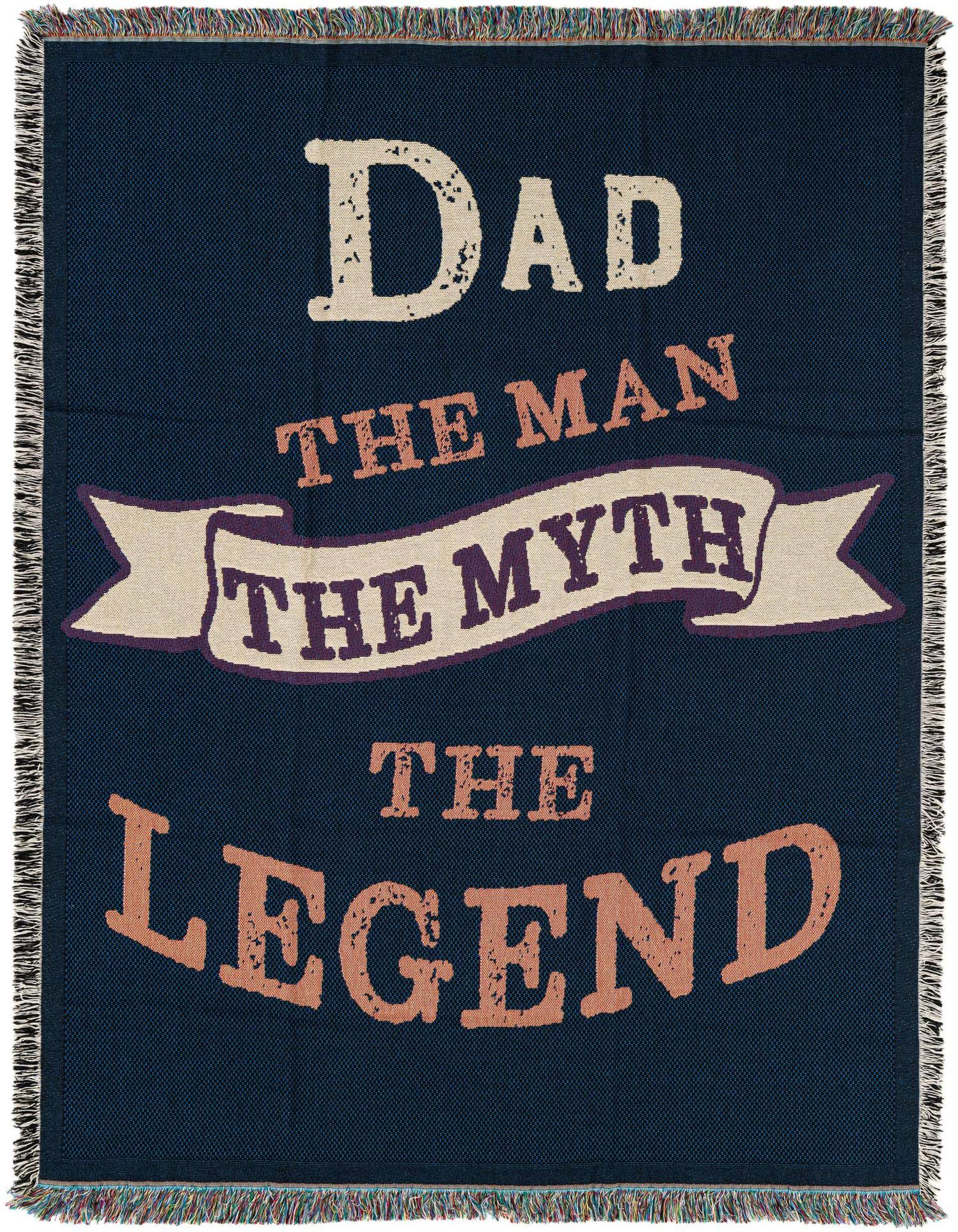 A 4x6 rectangular throw blanket with "Dad The Man The Myth The Legend" in distressed white and peach text on a navy background, featuring fringed edges.