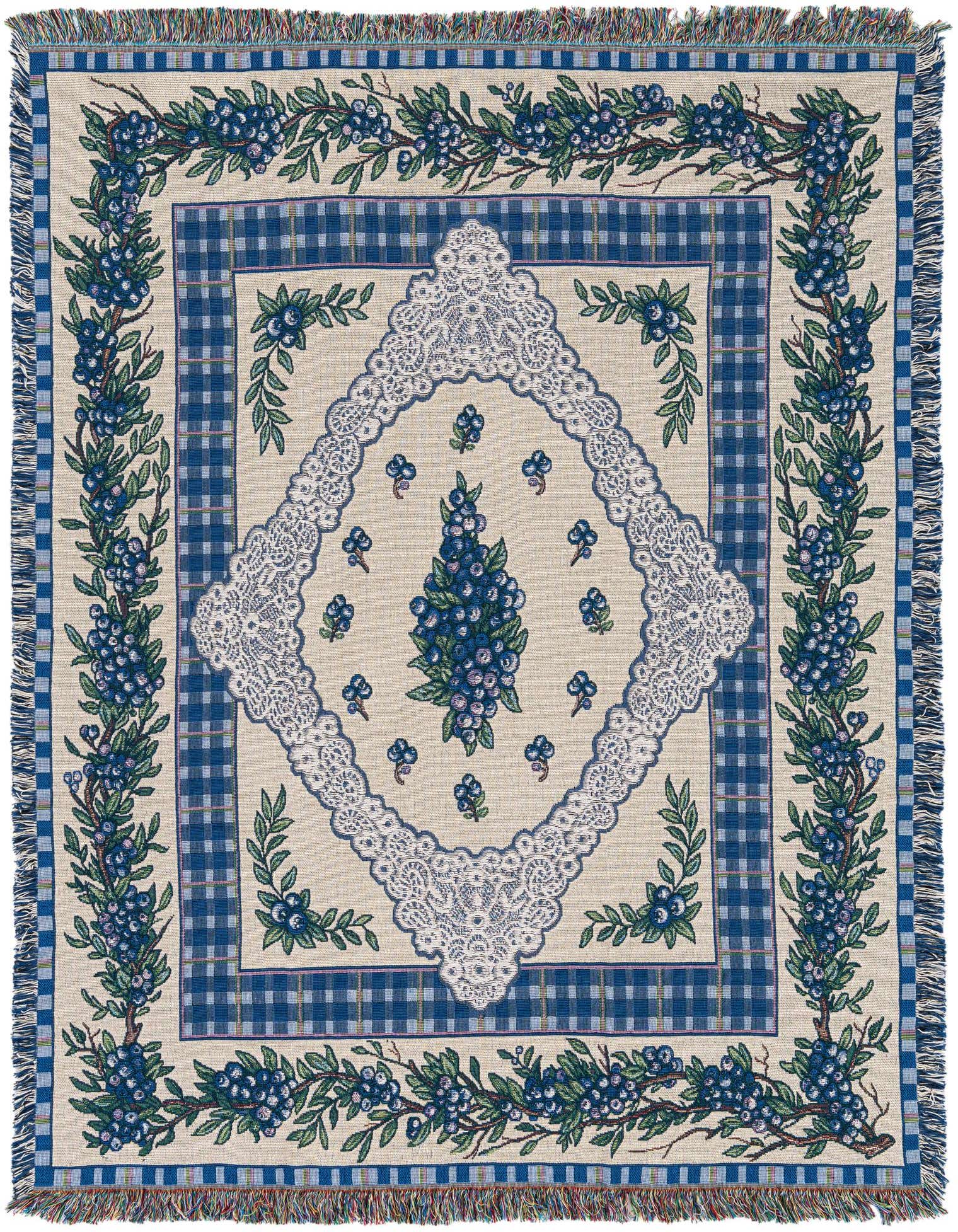 A rectangular 4x6 throw blanket with a multi-colored medallion pattern, featuring blueberries, gingham, and lace motifs.