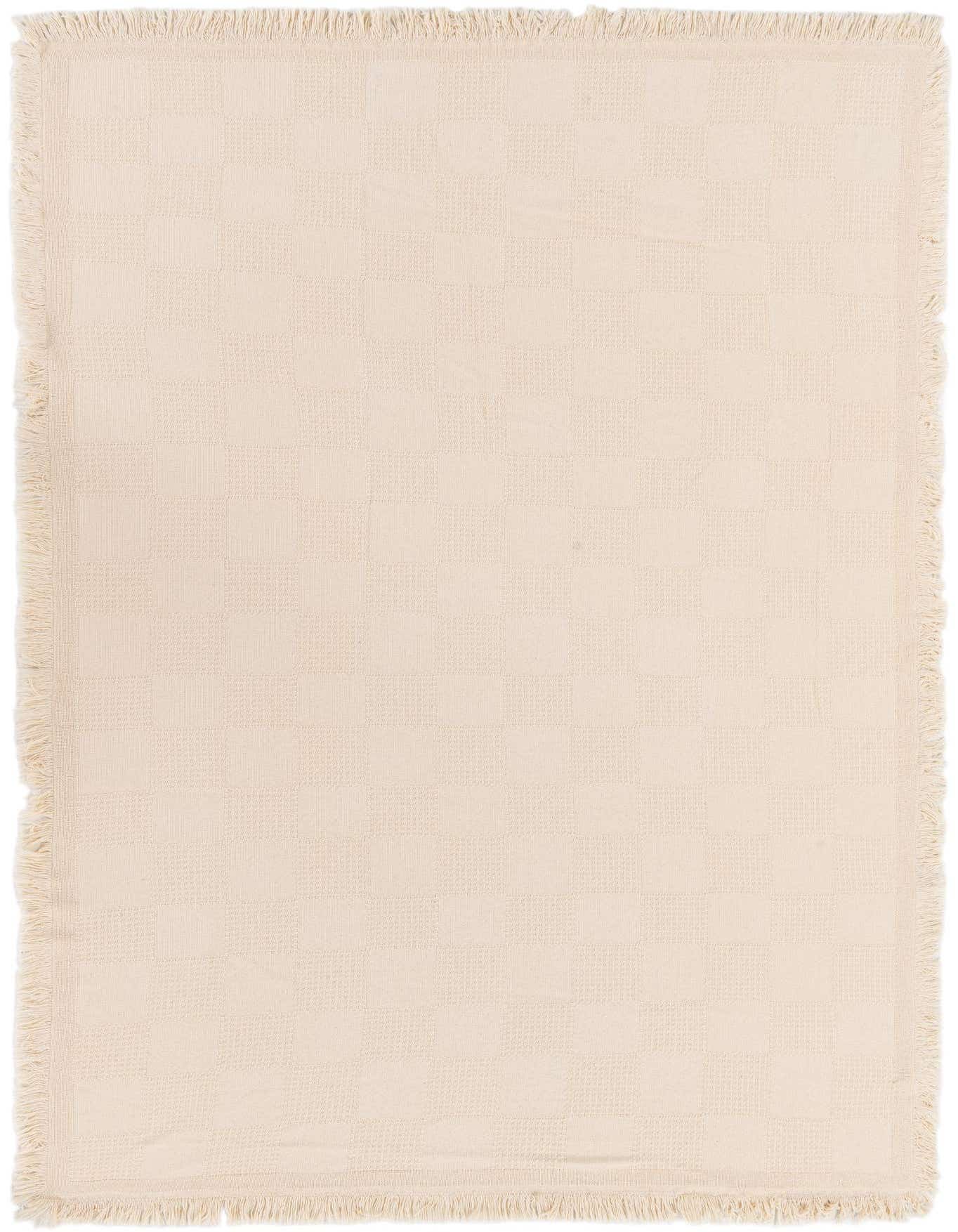A 4x6 rectangular modern throw blanket in a light cream color with a subtle checkerboard pattern and fringed edges.