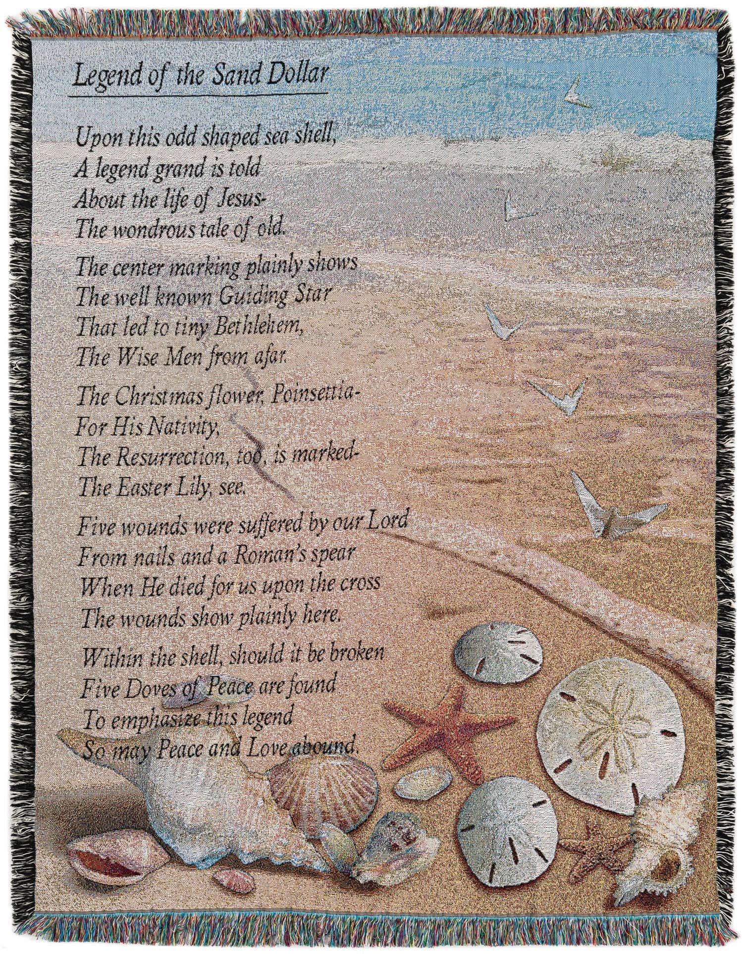 A rectangular throw blanket featuring a beach scene with sand dollars, seashells, and a starfish, with a poem about the 'Legend of the Sand Dollar' printed on the left side.