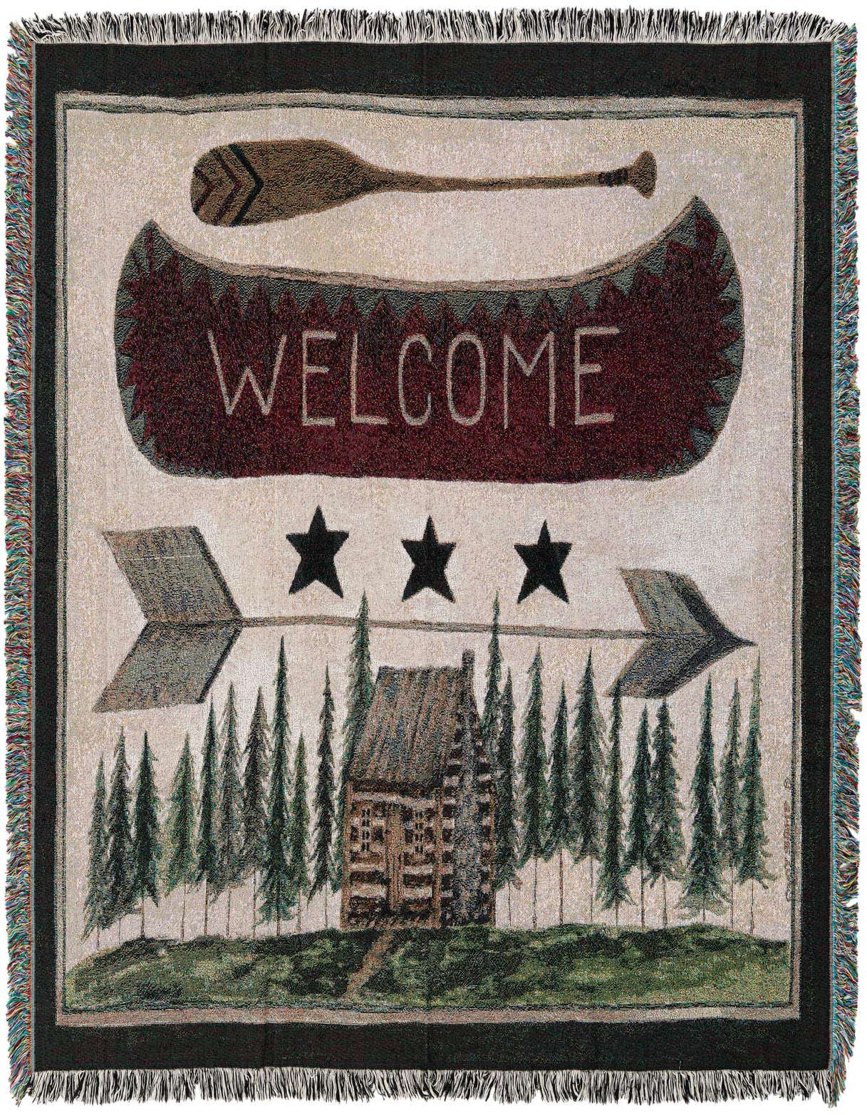 A rectangular 4x6 multi-colored rug featuring a rustic cabin, pine trees, canoe, paddle, and 'WELCOME' text, perfect for an entryway.