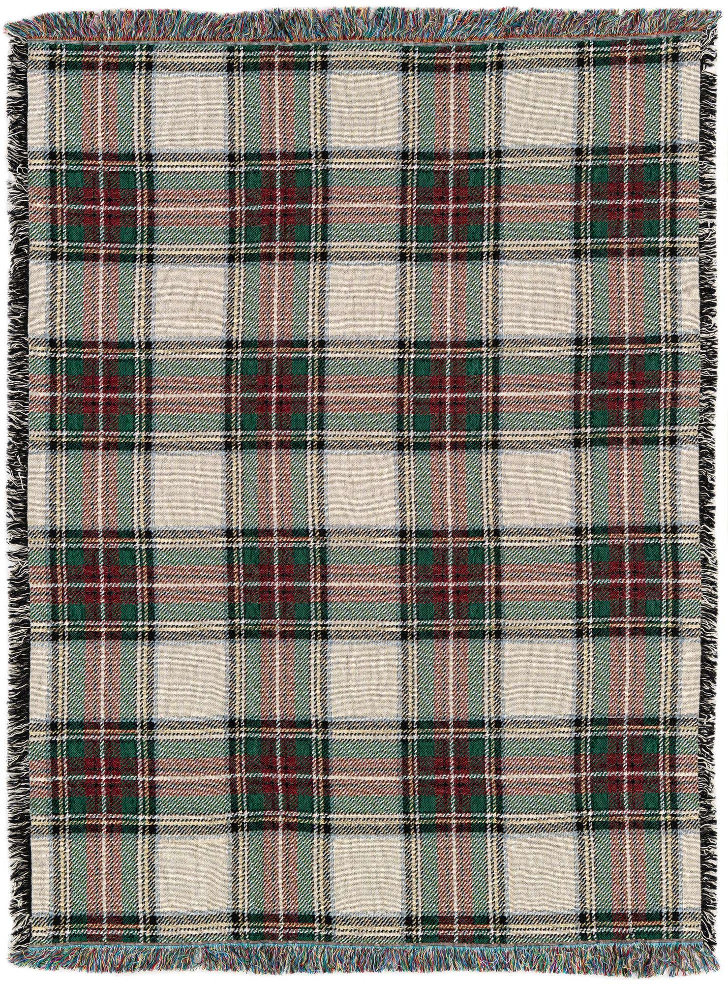 A 4x6 rectangular throw blanket with a modern multi-colored plaid pattern in green, red, black, and white, featuring fringed edges.