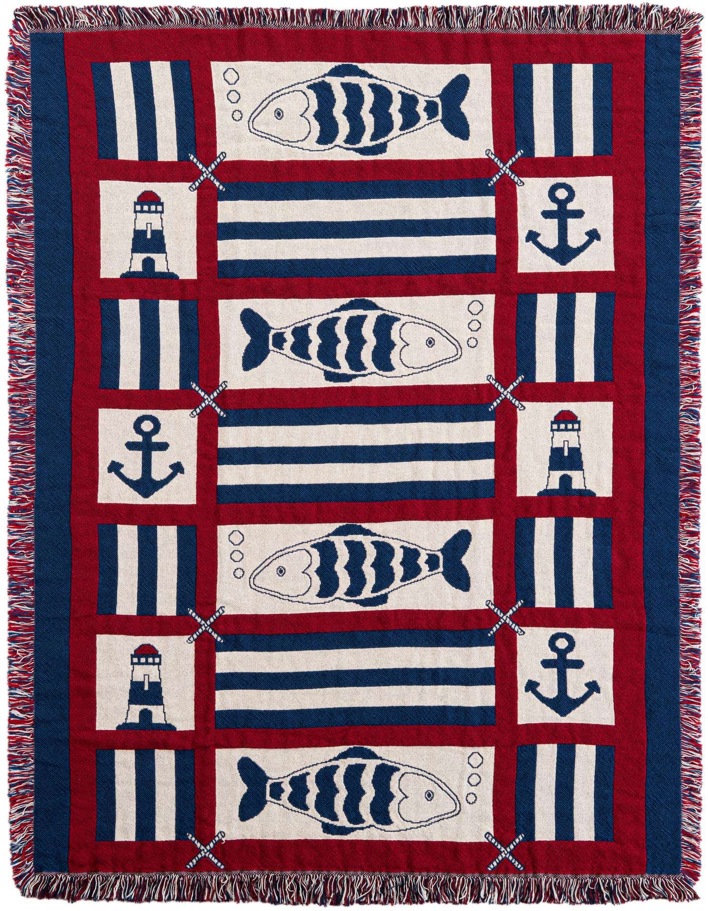 A 4x6 rectangular throw blanket in a nautical pattern with blue and white striped fish, lighthouses, and anchors on a red background with blue borders.