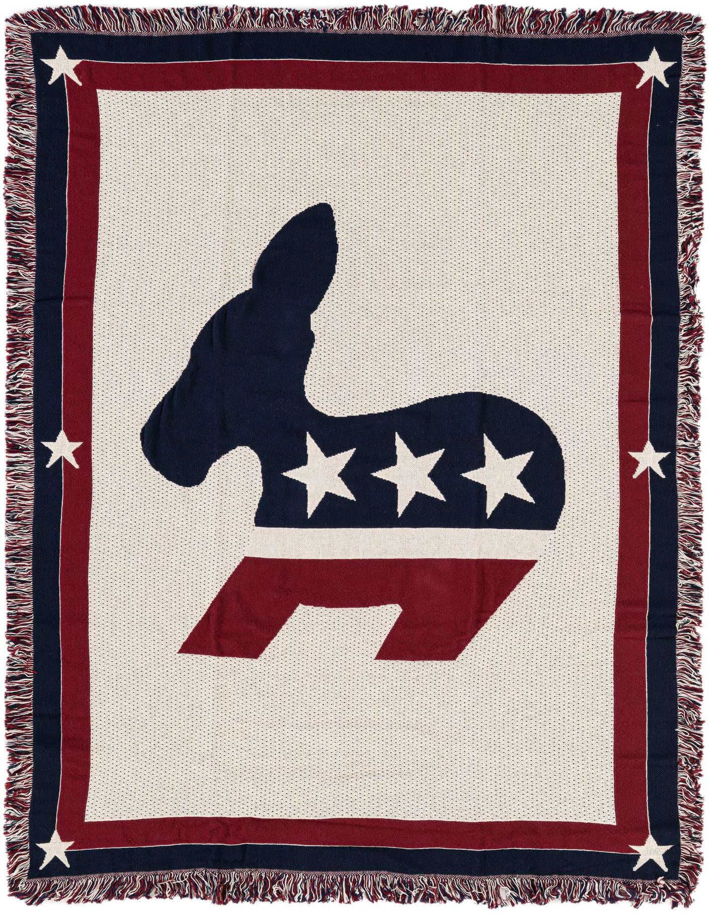 A 4x6 rectangular throw blanket featuring a large navy blue donkey silhouette with white stars, outlined in red and navy, on a cream background with fringed edges.