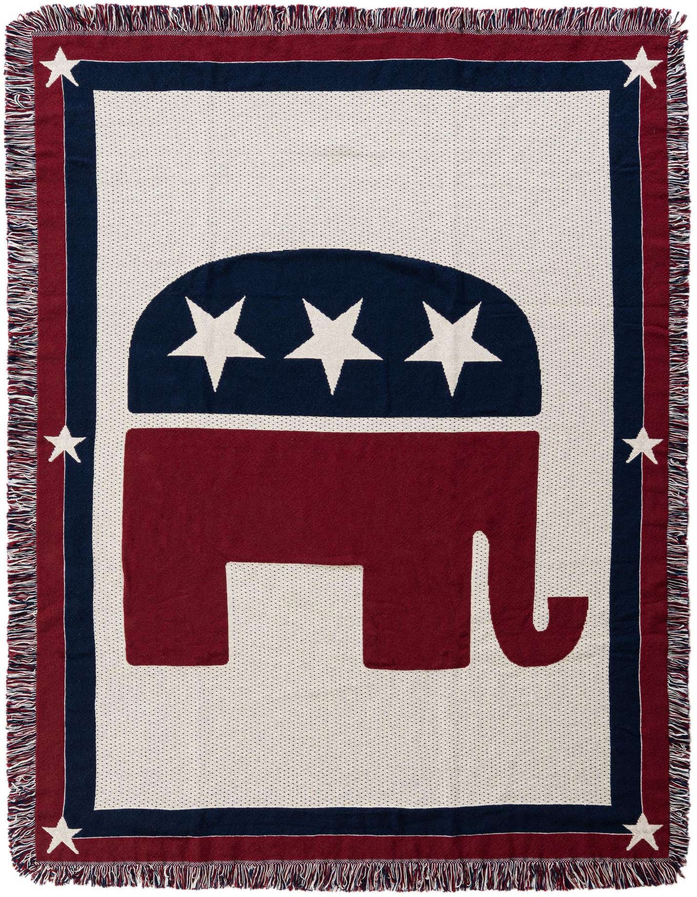 A 4x6 rectangular throw blanket with a large red elephant silhouette, a blue head with three white stars, and a red, white, and blue border with white stars.