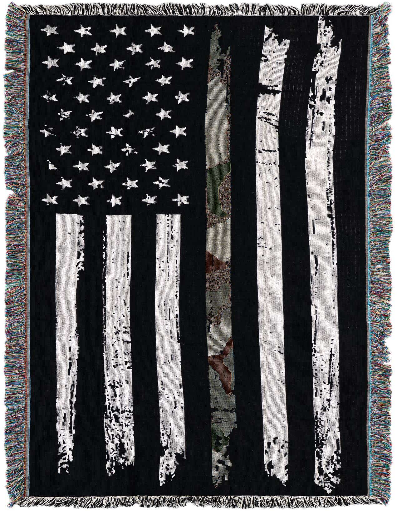 A 4x6 rectangular black and white modern throw blanket featuring a distressed American flag design with one camouflage stripe.