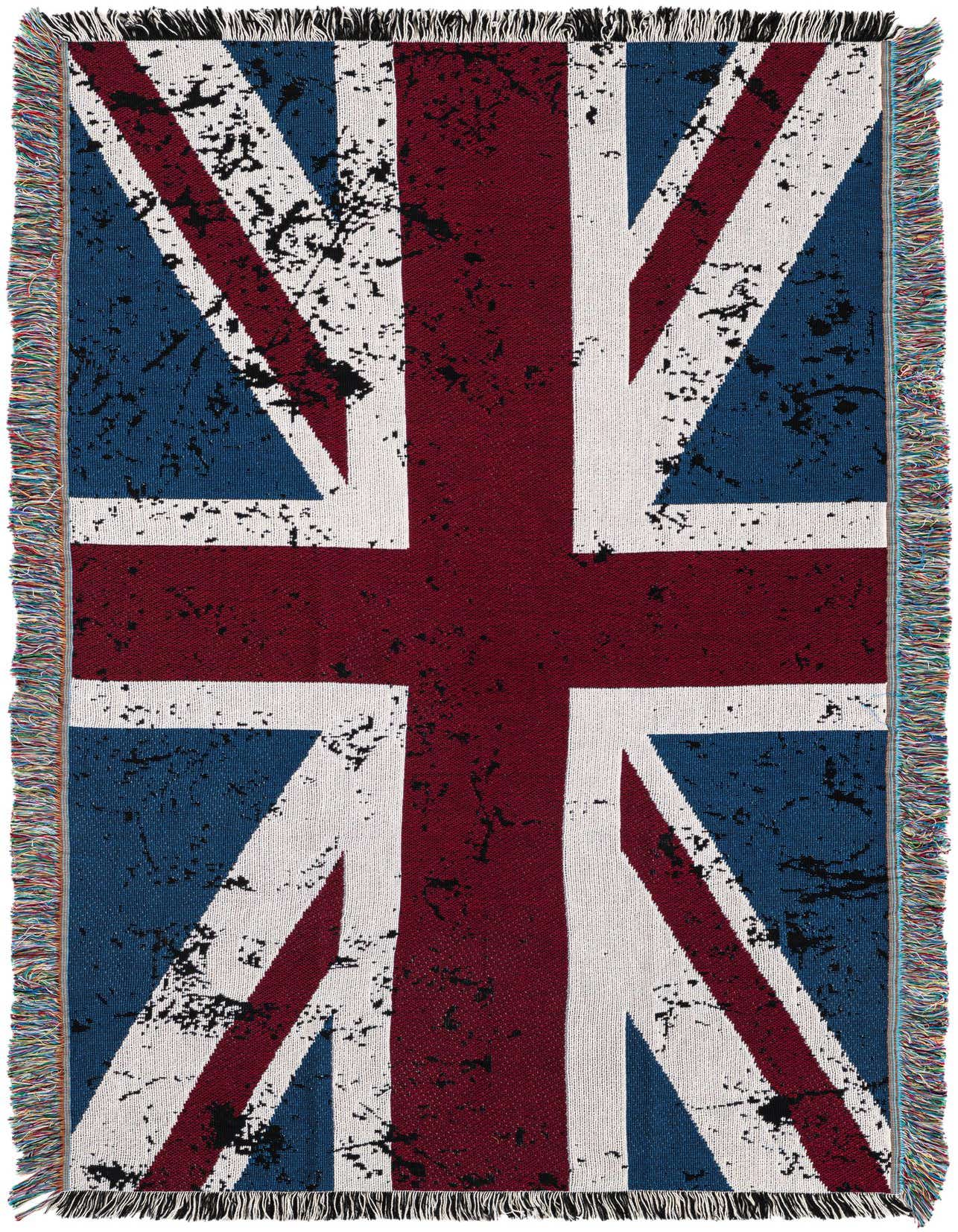 A 4x6 rectangular throw blanket featuring a distressed Union Jack flag design in blues, reds, and white with fringed edges.