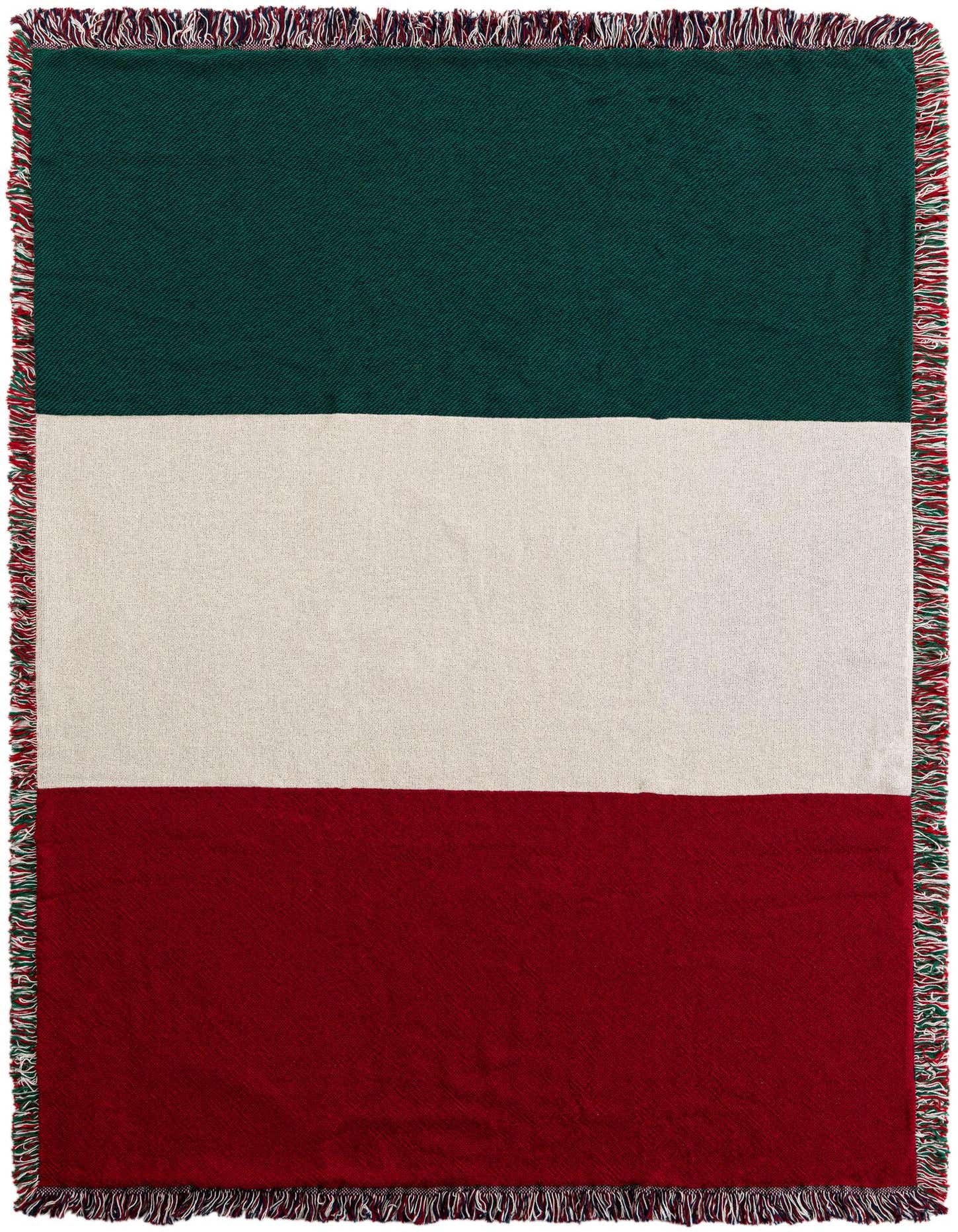 A 4x6 rectangular throw blanket featuring horizontal stripes in dark green, cream, and deep red, with fringed edges.