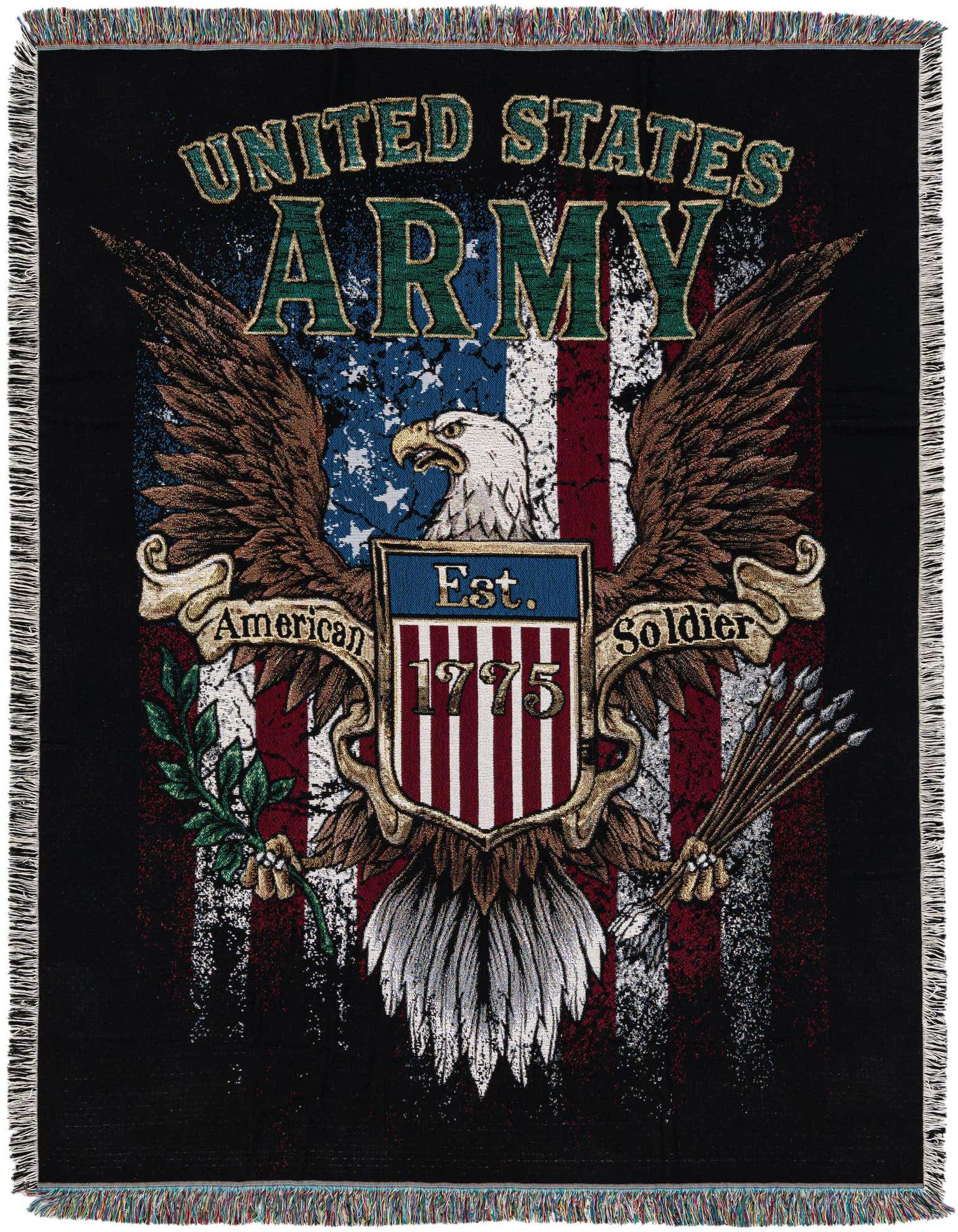 A rectangular 4x6 throw blanket featuring a distressed United States Army emblem with an eagle, American flag, and 'Est. 1775 American Soldier' text.