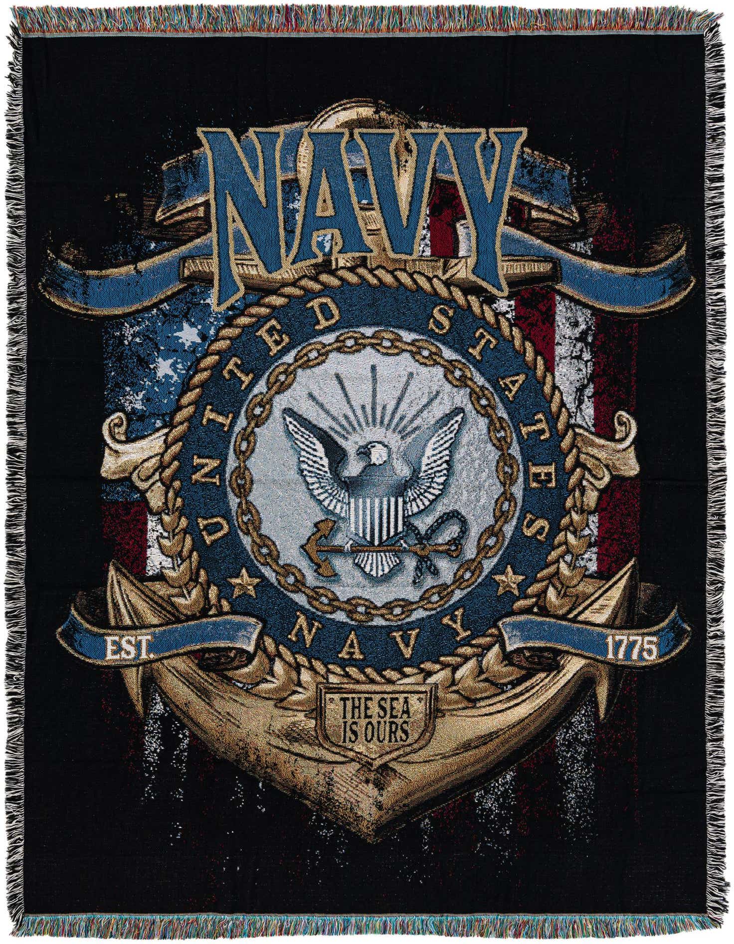 A 4x6 rectangular throw blanket featuring a distressed US Navy emblem with an anchor, eagle, and text on a black background.