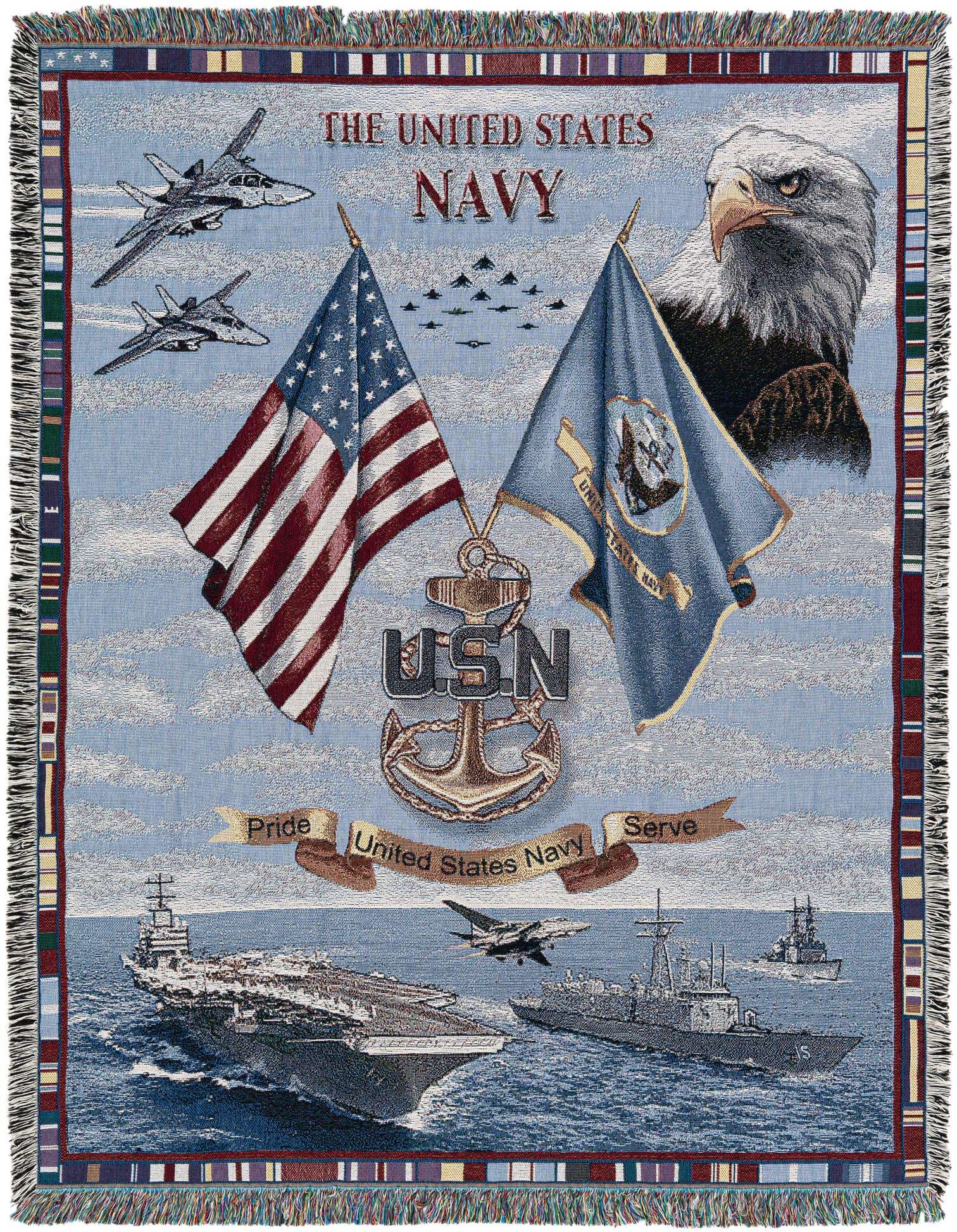 A rectangular 4x6 blue rug featuring a detailed United States Navy design with ships, jets, flags, an eagle, and a fringed border.