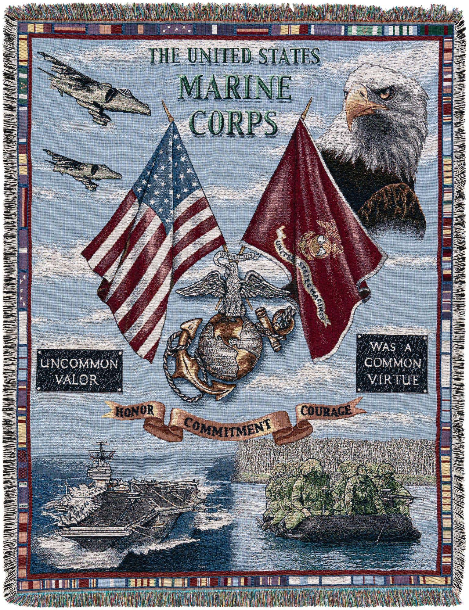 A rectangular throw blanket featuring various Marine Corps emblems, including flags, an eagle, jets, a ship, and soldiers, with patriotic text.
