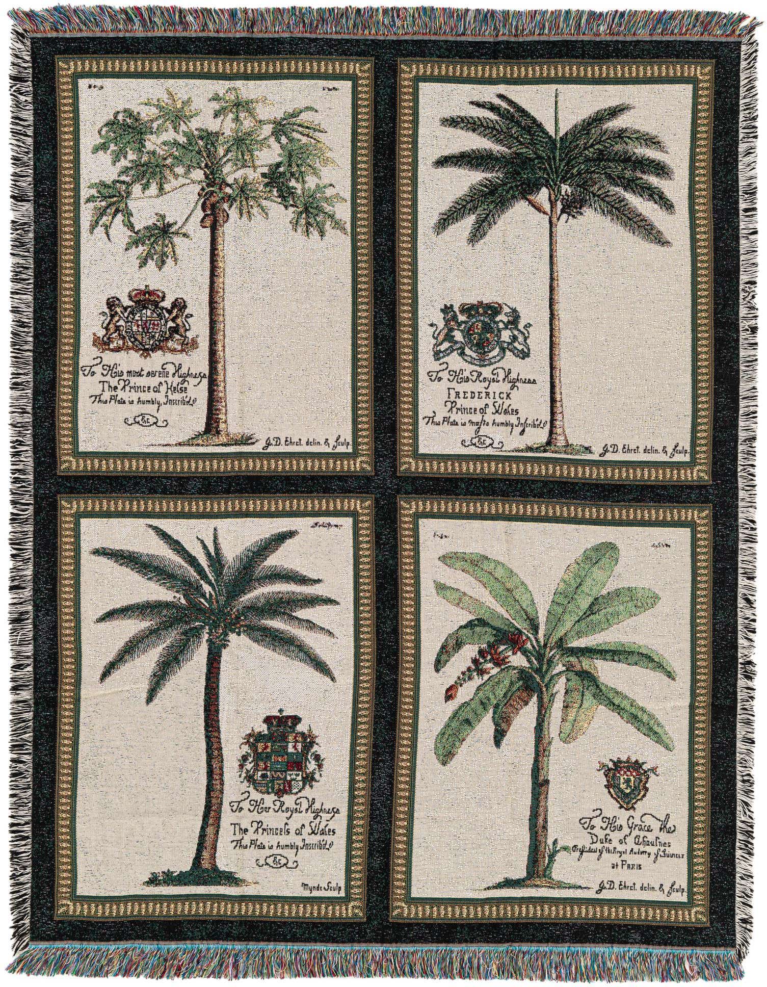 A 4x6 multi-colored rectangular throw blanket featuring four framed botanical illustrations of different palm trees, with a dark border and fringed edges.