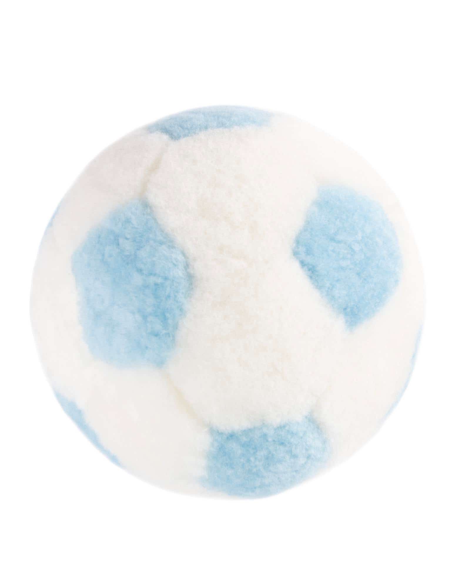 A soft, plush 25 Euro pillow in a soccer ball pattern, featuring alternating light blue and white panels.