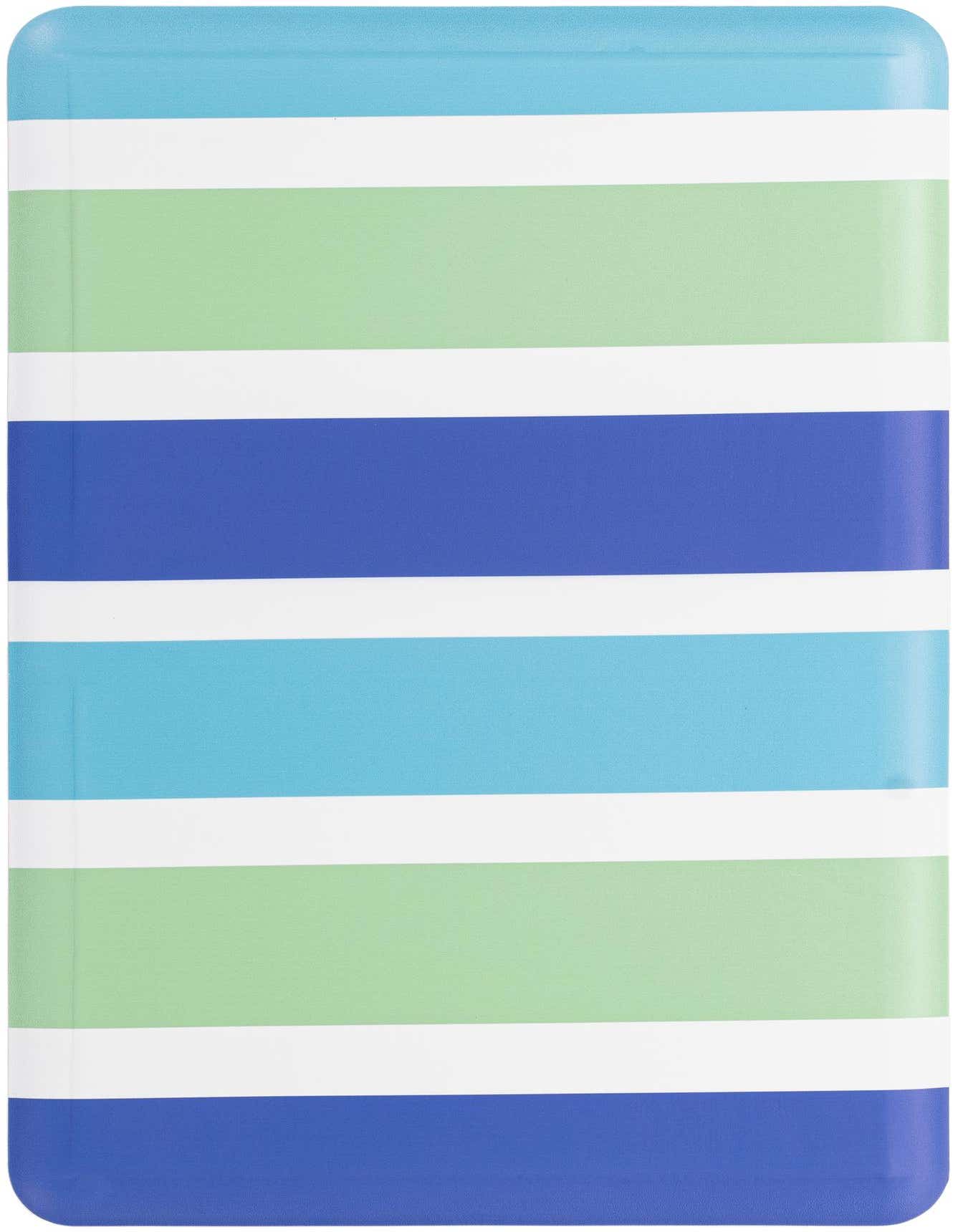 A 2x3 rectangular Comfort Mat rug featuring wide horizontal stripes in varying shades of blue, green, and white.