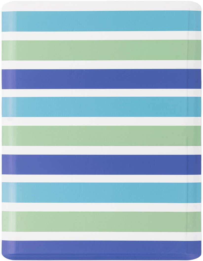 A 2x5 rectangular Comfort Mat rug featuring wide horizontal stripes in shades of blue and green, separated by thin white lines.