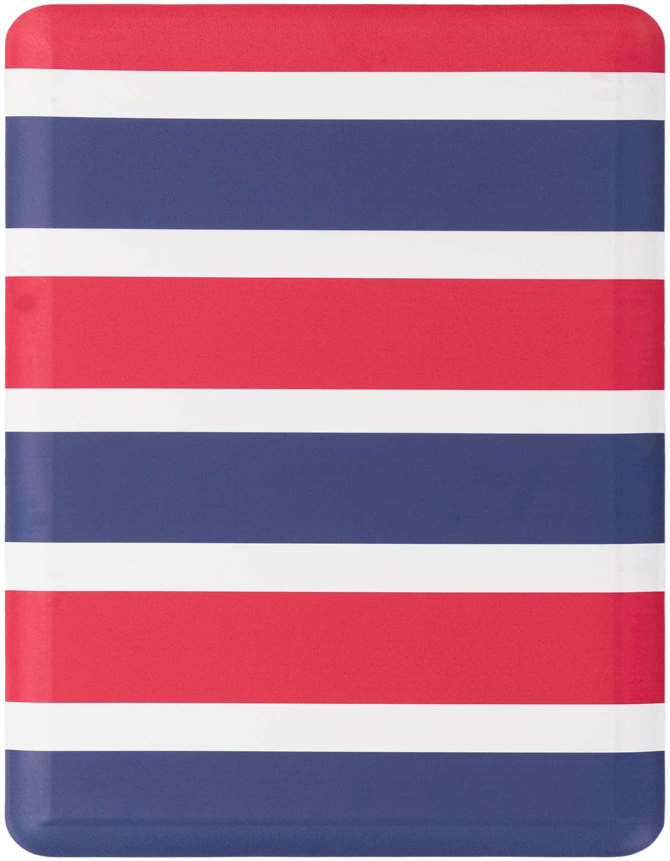 A 2x3 rectangular Comfort Mat rug featuring bold horizontal stripes in navy blue, red, and white, ideal for indoor use.