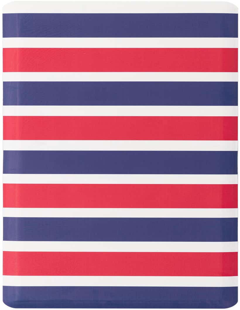 A 2x5 rectangular Comfort Mat rug featuring bold horizontal stripes in navy blue, red, and white, ideal for indoor spaces.
