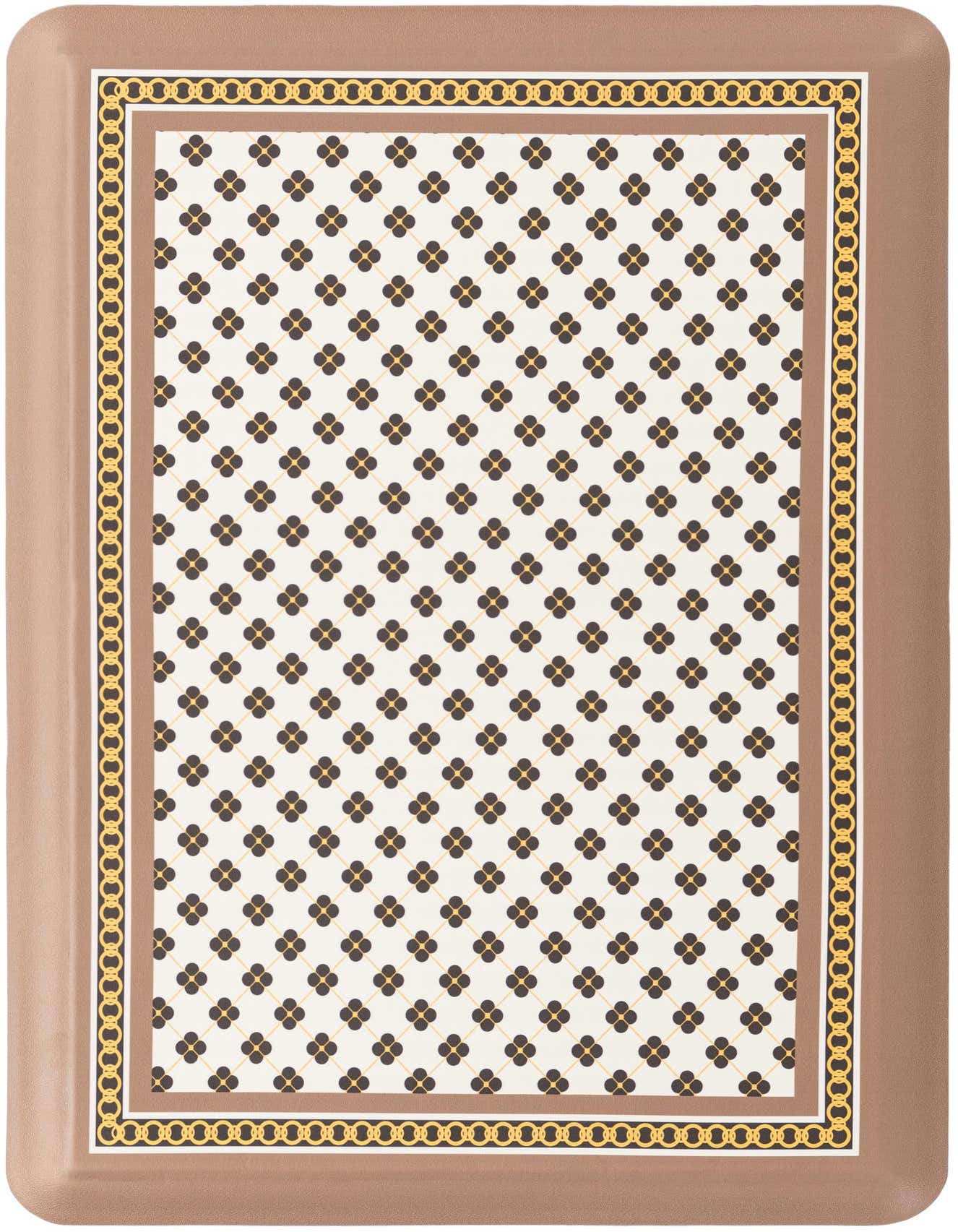 A rectangular ivory and brown rug with a repeating dark floral pattern and a gold chain border design.