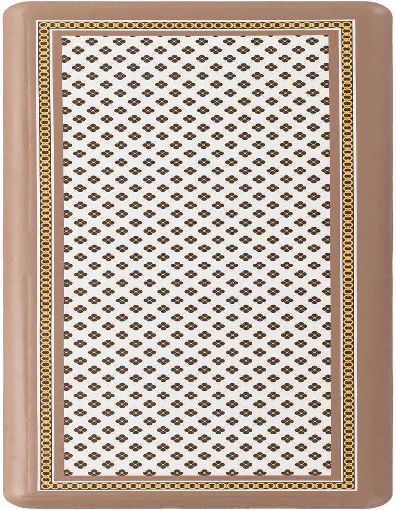 A 2x5 rectangular Comfort Mat rug with an ivory and white center featuring a repeating dark brown and gold floral pattern, bordered by a gold chain link design and a solid brown edge.