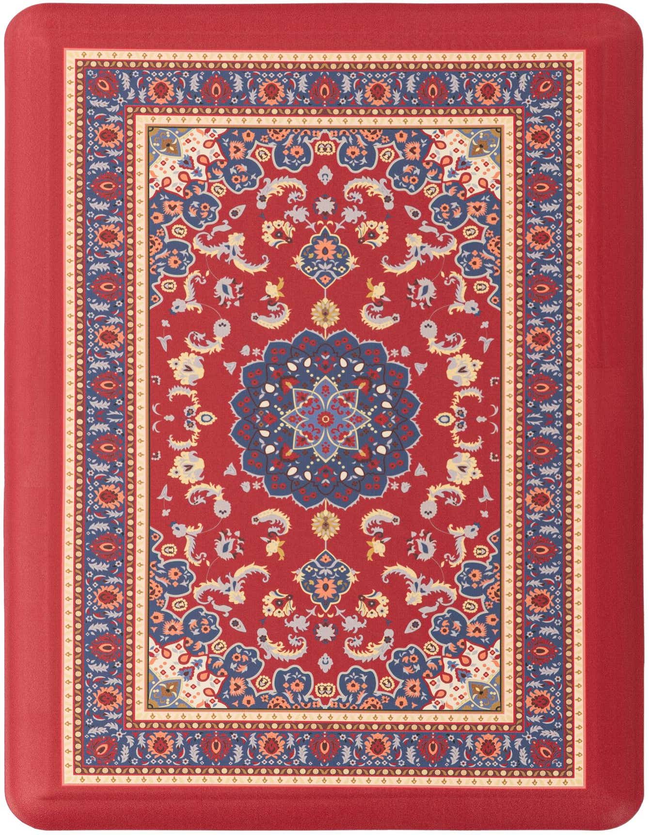 A 2x3 rectangular red Comfort Mat rug with a traditional Oriental medallion pattern in blue, orange, and cream.