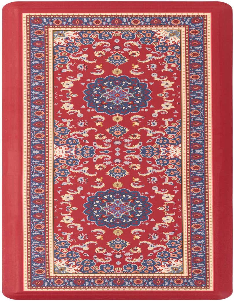 A 2x5 rectangular red comfort mat with a traditional Oriental medallion pattern in blue, orange, and cream.
