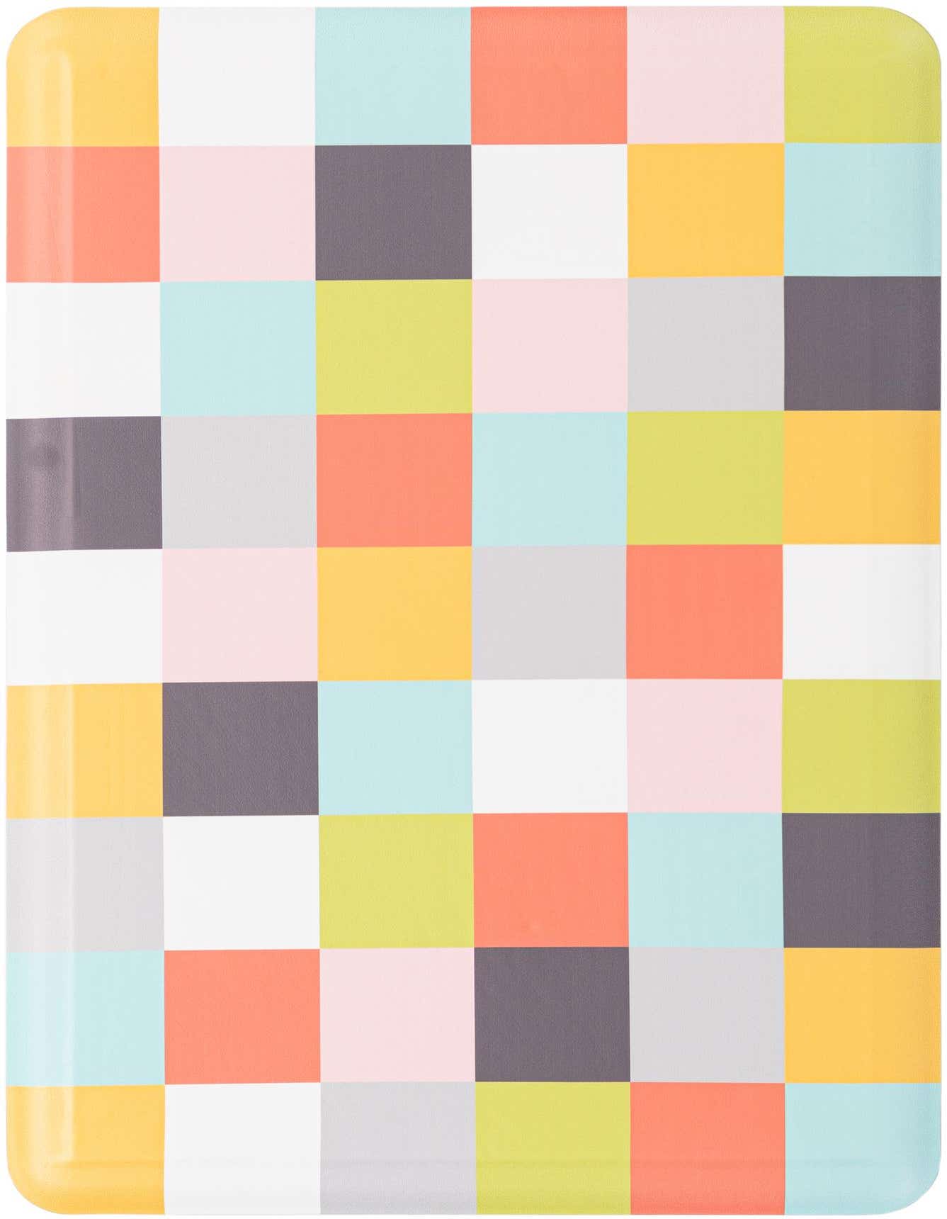 A rectangular 2x3 multi-colored rug with a checkerboard pattern, featuring squares in various shades of yellow, orange, pink, blue, green, white, and gray.