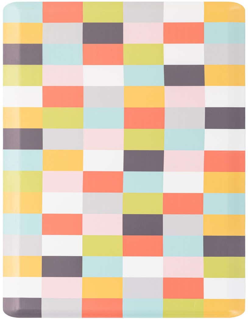 A 2x5 rectangular Comfort Mat rug featuring a vibrant, multi-colored modern checkerboard pattern in shades of orange, blue, yellow, green, pink, gray, and white.