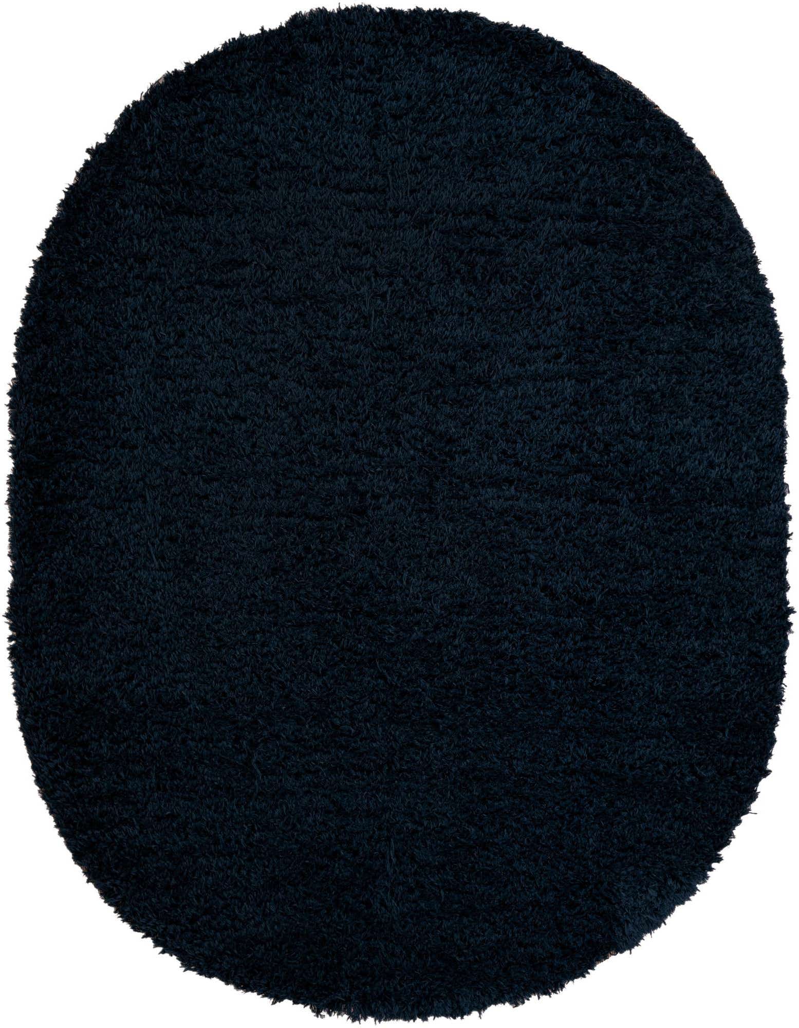 A plush, dark blue oval shag rug, 7' 10 x 10' 0, offering soft texture and modern comfort.
