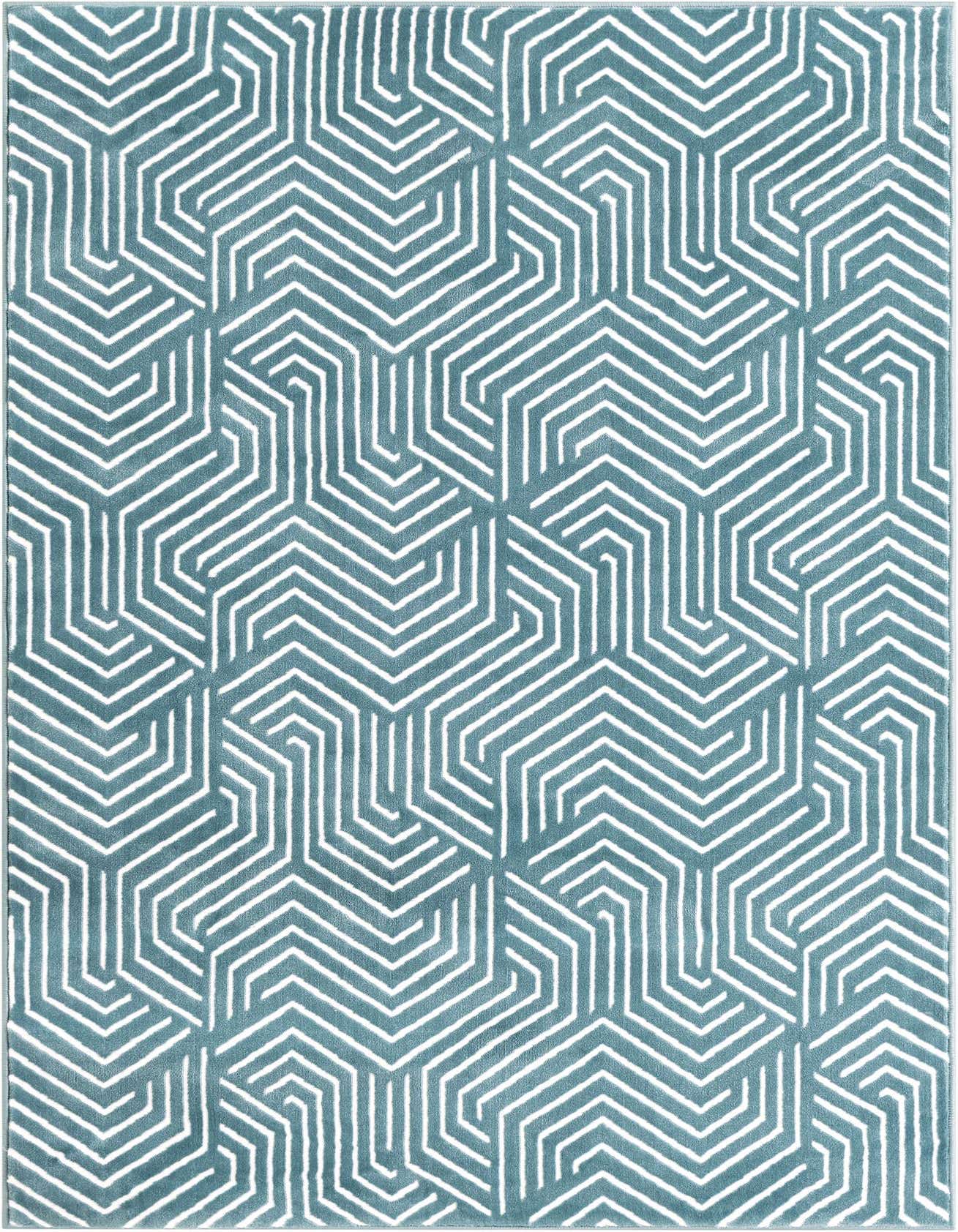 A 4x6 rectangular blue area rug featuring a repeating modern geometric pattern of white interlocking hexagonal lines.