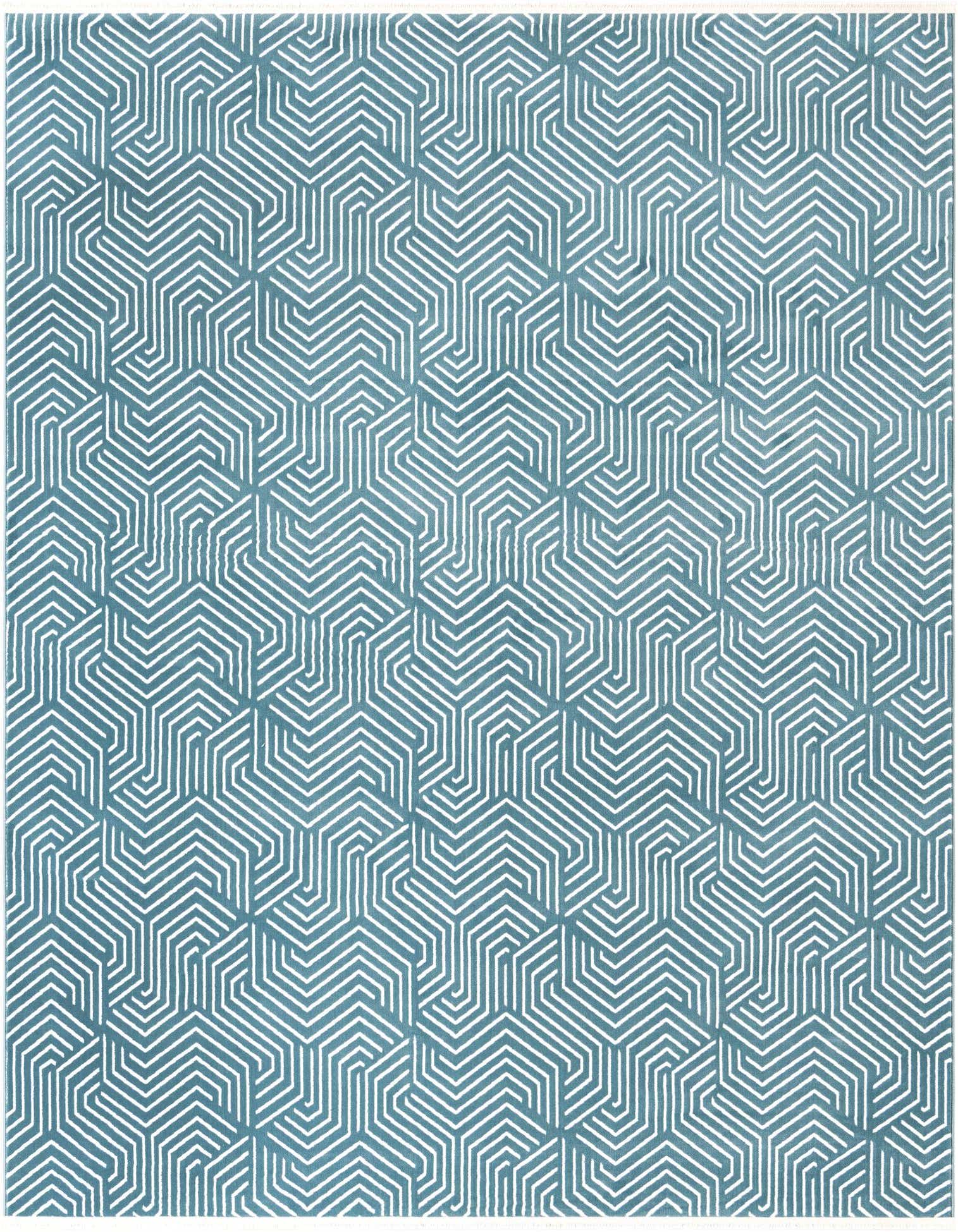 Aakaar 8x10 rectangular rug in varying shades of blue with a repeating geometric pattern of white lines.
