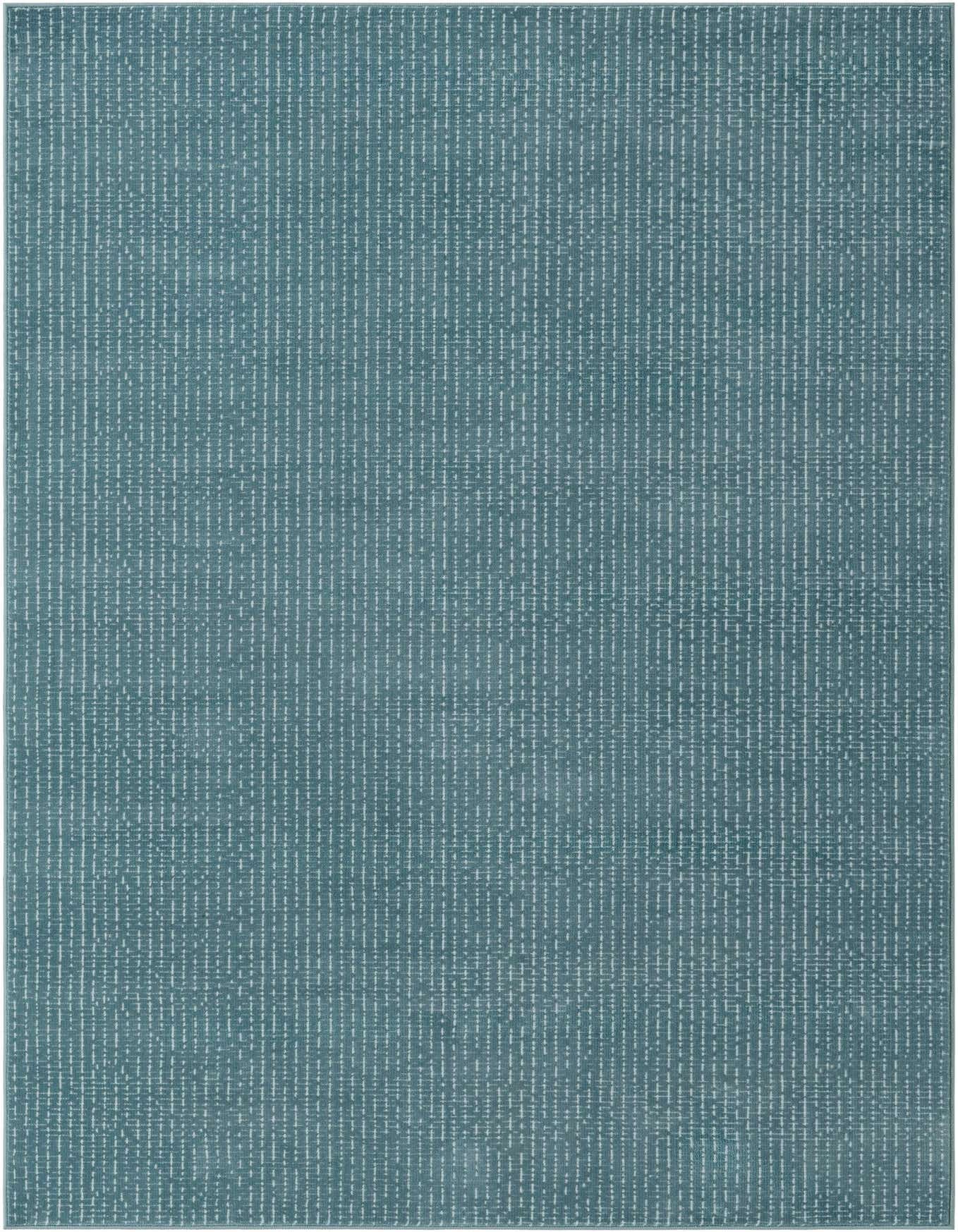 A 5x8 rectangular blue area rug with a subtle textured pattern of short white vertical dashes.
