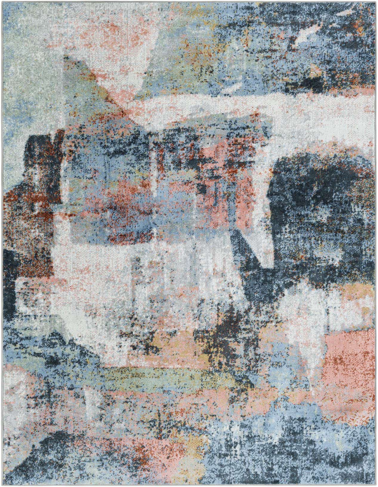 A 5x8 rectangular Kamala Washable rug featuring an abstract coastal pattern in various shades of blue, white, and subtle peach tones.