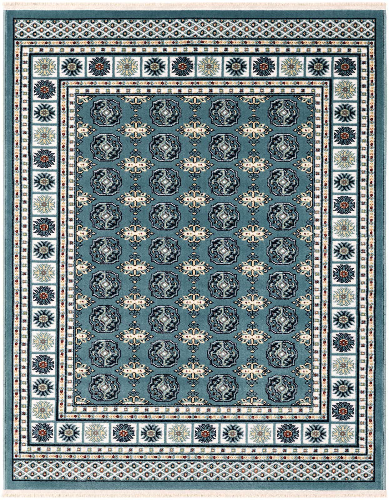 A 4x6 rectangular blue traditional rug with an intricate Oriental pattern and a multi-bordered design.